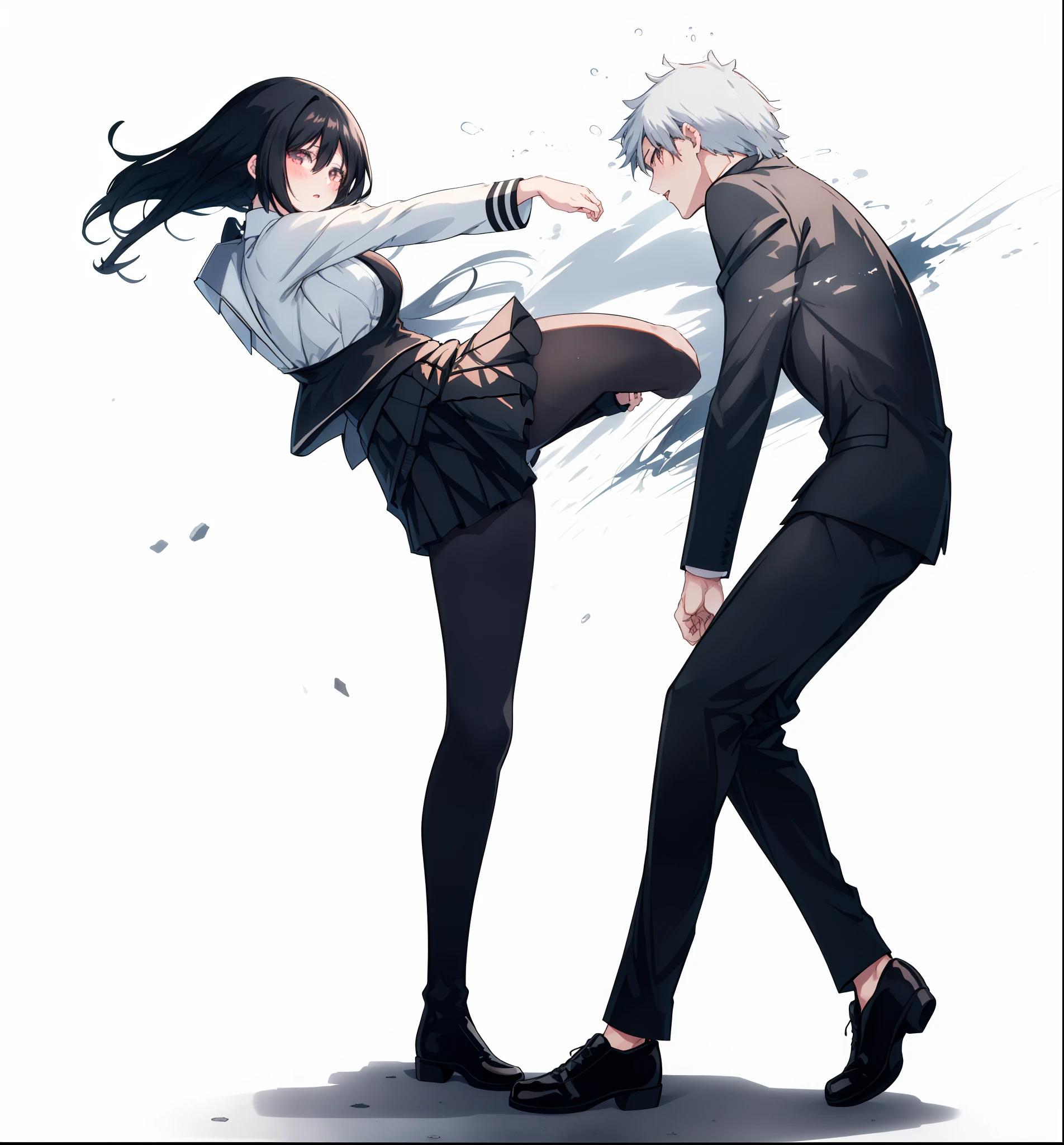 Long Black Hair Girl Black Shirt Black Miniskirt Position Hitting A Left Kick To A Guy In Fancy Suit
