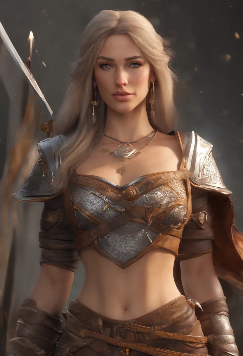 dressed in an Assassin Viking light armor with a mysterious sadness in her eyes. With natural indescribable grace and elegance, when she dances and holds a long katana blade in her hand, wetness on her open bust C-cup, and the gentle breeze moving her white-golish hair. The magnificent Nordic golden jewelry set around her thigh and torso is breathtaking. The way she moves with such effortless poise and sophistication is mesmerizing.