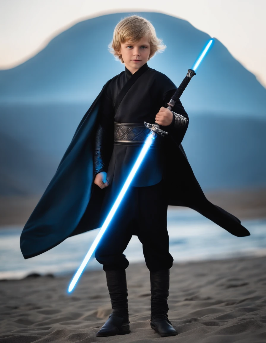 10 year old boy with blond hair light blue eyes wearing black padawan full body attire boy holding a narah saber
