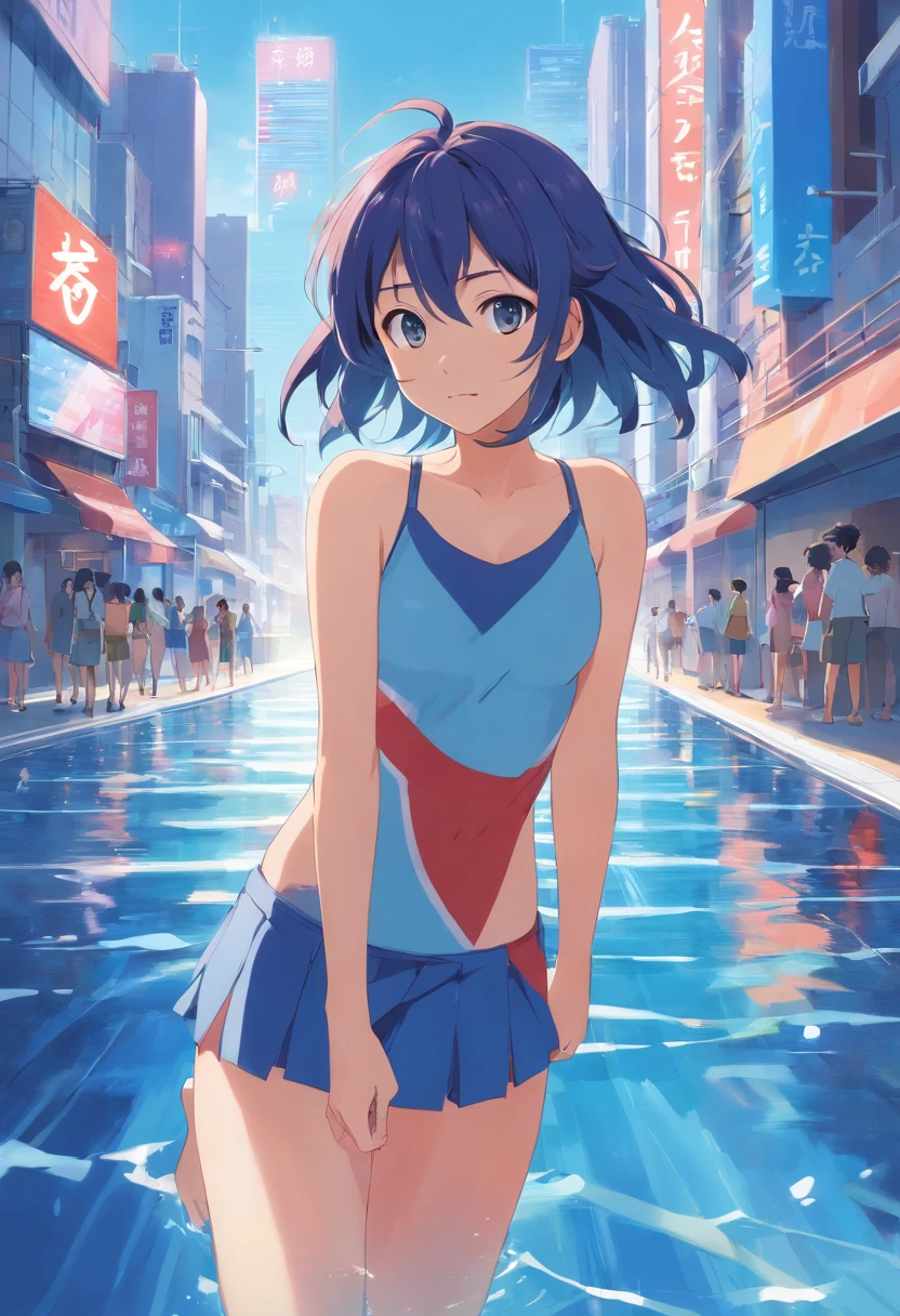 Mulher com cabelos longos azul e azul marinho, faixa vermelha na testa, dois riscos vermelho na Buchechas, in a swimsuit and a short skirt, three feathers together in the straight ear and a large lock of hair on the left and a short lock of hair on the right.