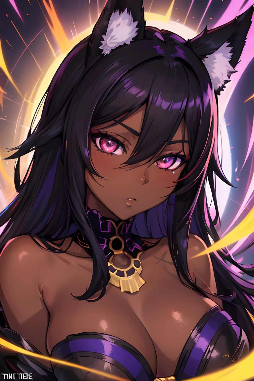 Anime style portrait of a sexy, African Babe, with Jet-black Hair, Purple Eyes, Dark Skin, Black Cat Ears, 1 Tail, Perfect Composition, Hyper-Detailed, 8k, High Quality, Perfect Eyes, Trending Art , trending on ArtStation, sharp focus, Studio shot, intricate details, by tite kubo