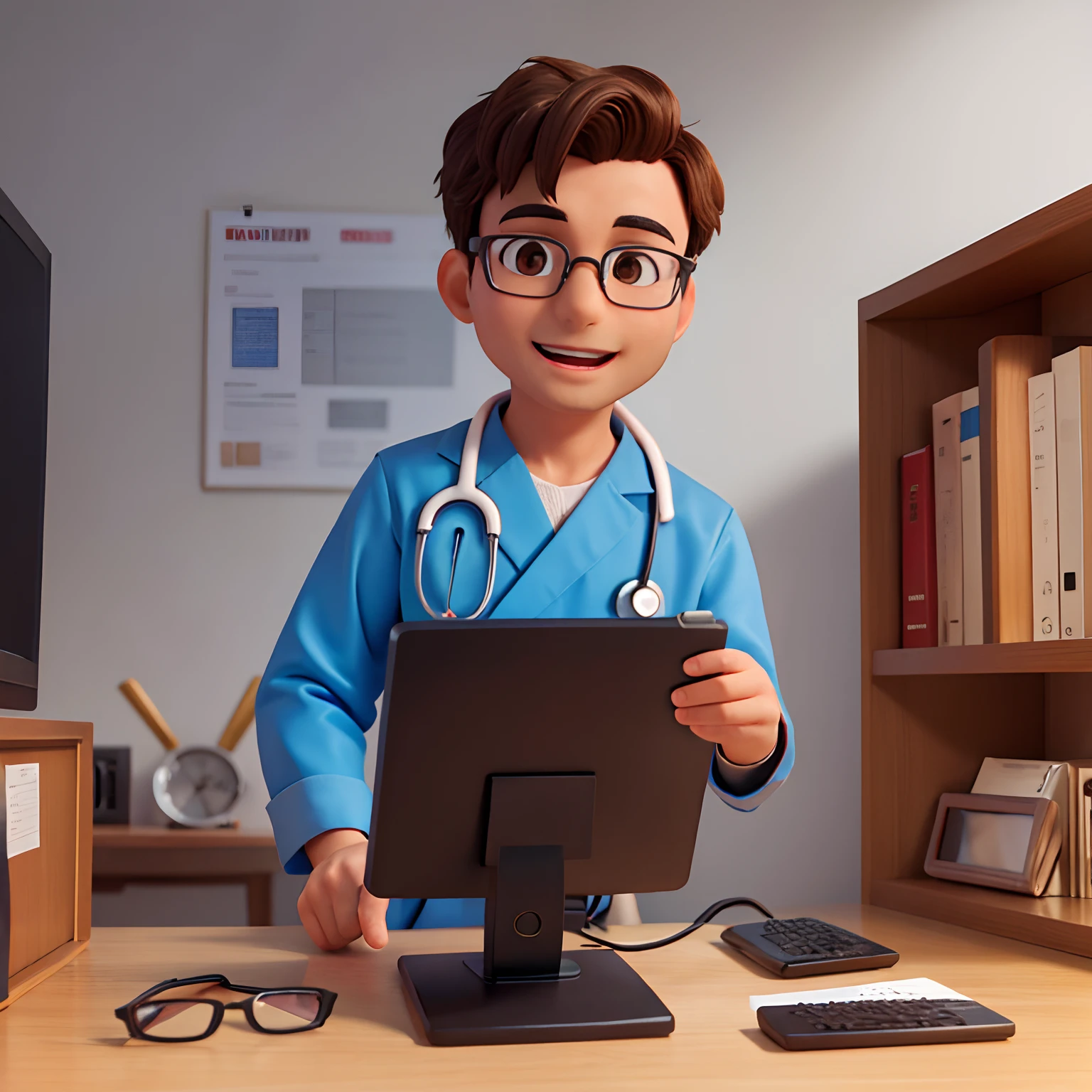 man doctor in computer, brown eyes, glasses, happy, telemedicina
