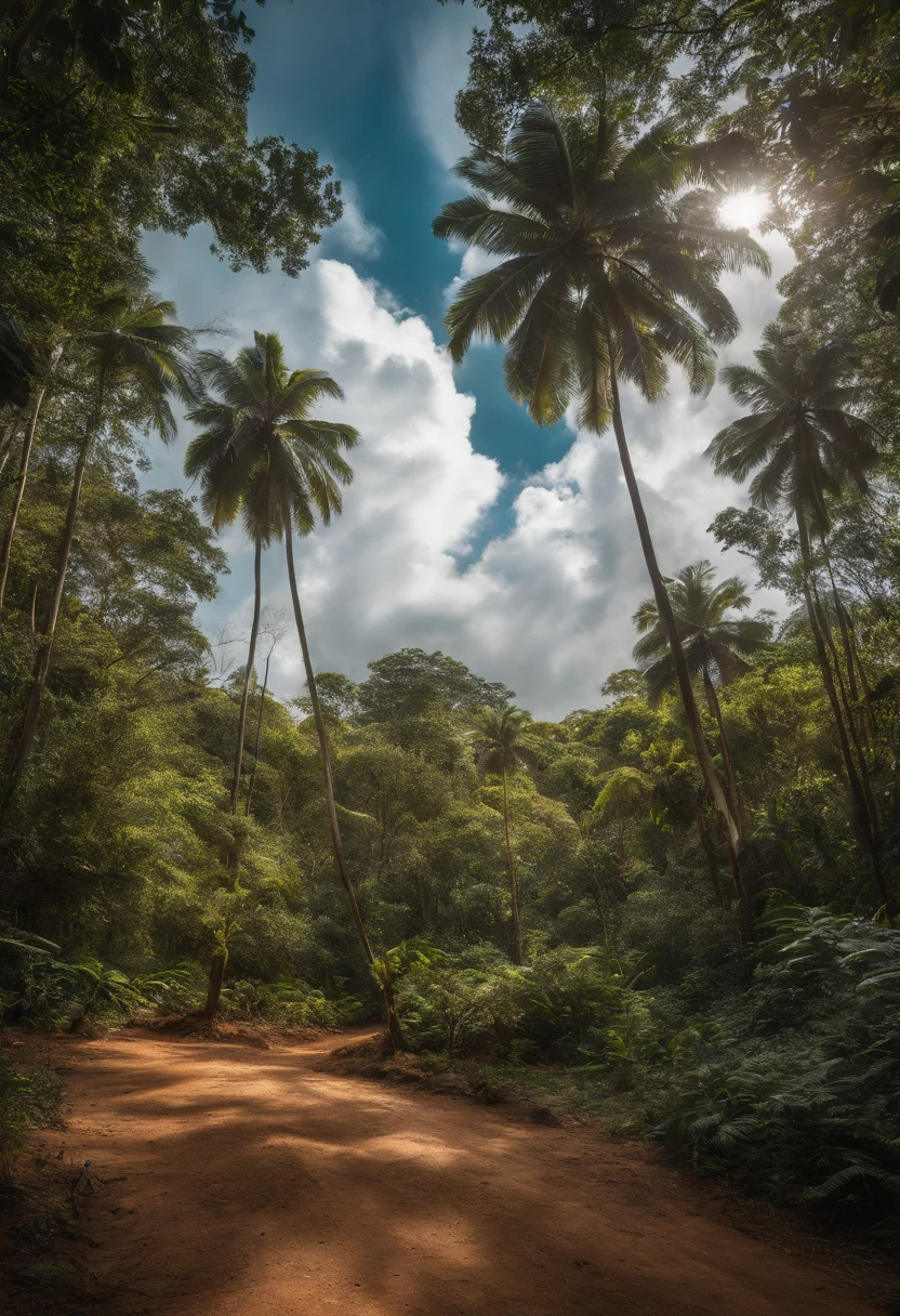 Desenhe uma floresta tropical em aquarela, With a beautiful sky and a light coming from above, com anjos em volta