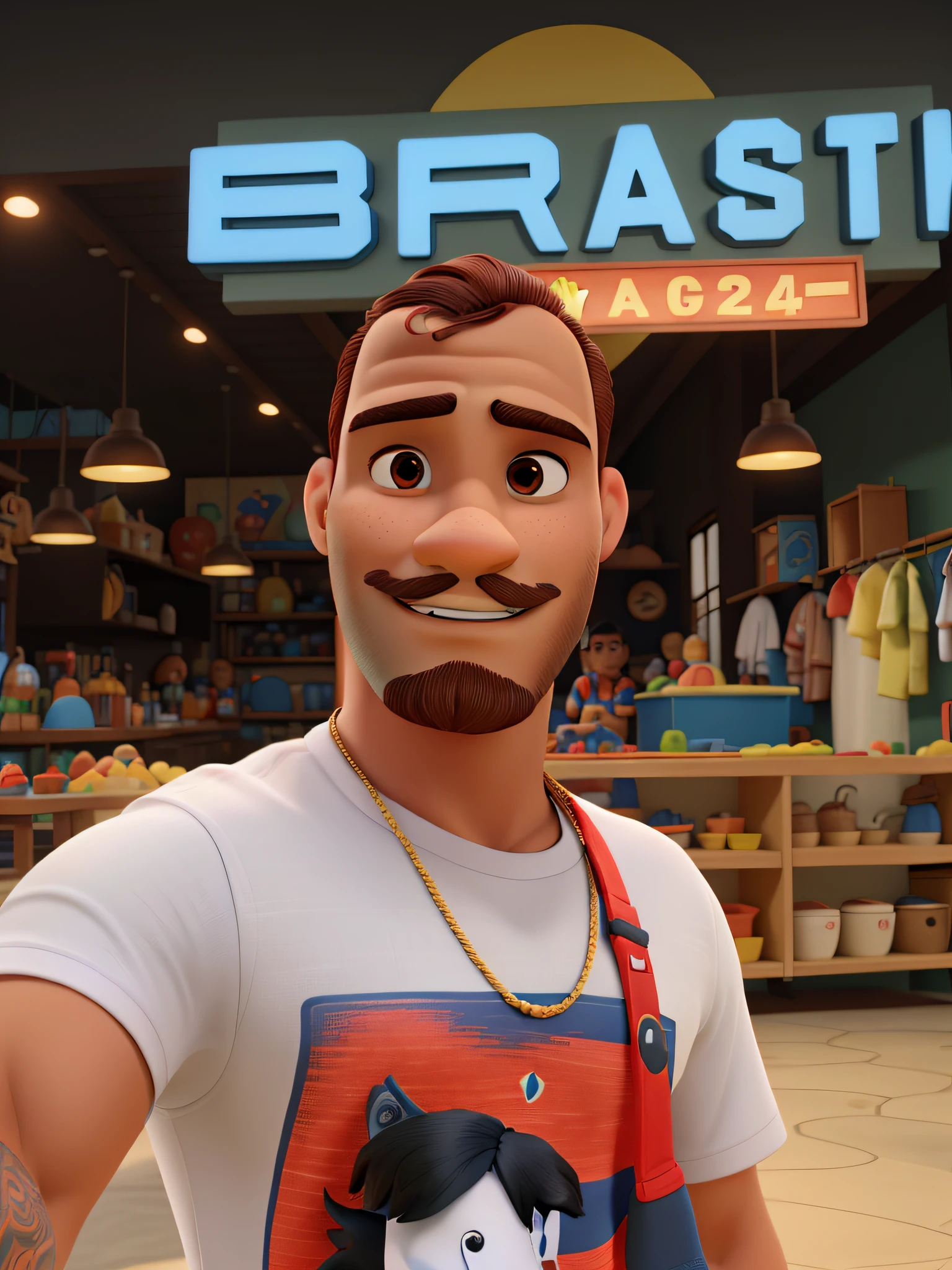homem moreno Disney Pixar tem barba com cavanhaque preta , cabelo curto preto com a camisa do time de futebol flamengo , imagem de alta qualidade , melhor qualidade