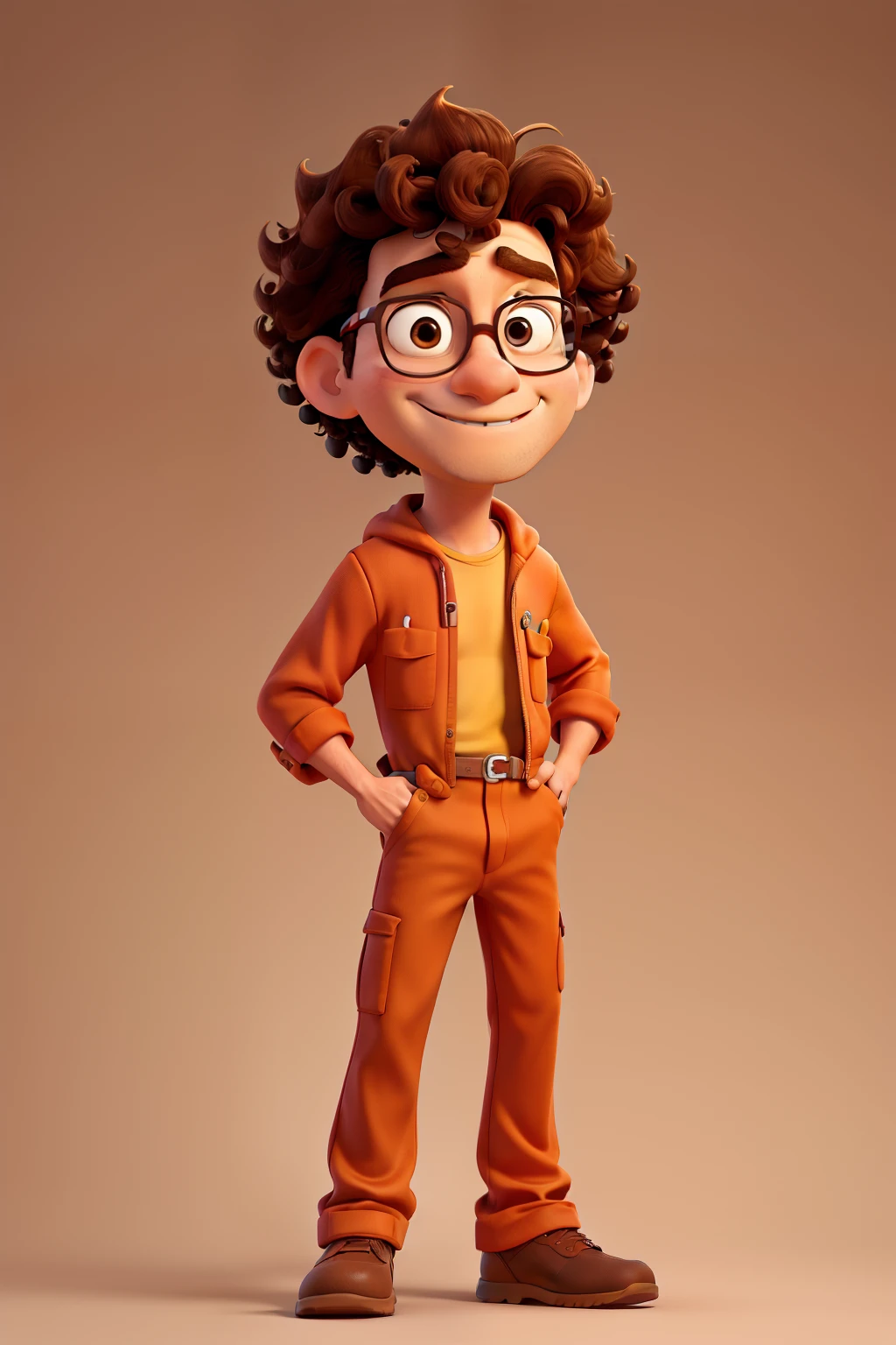 Create a Disney Pixar-style character. He is a man wearing an orange jumpsuit, he is brown, has curly hair and wears glasses.