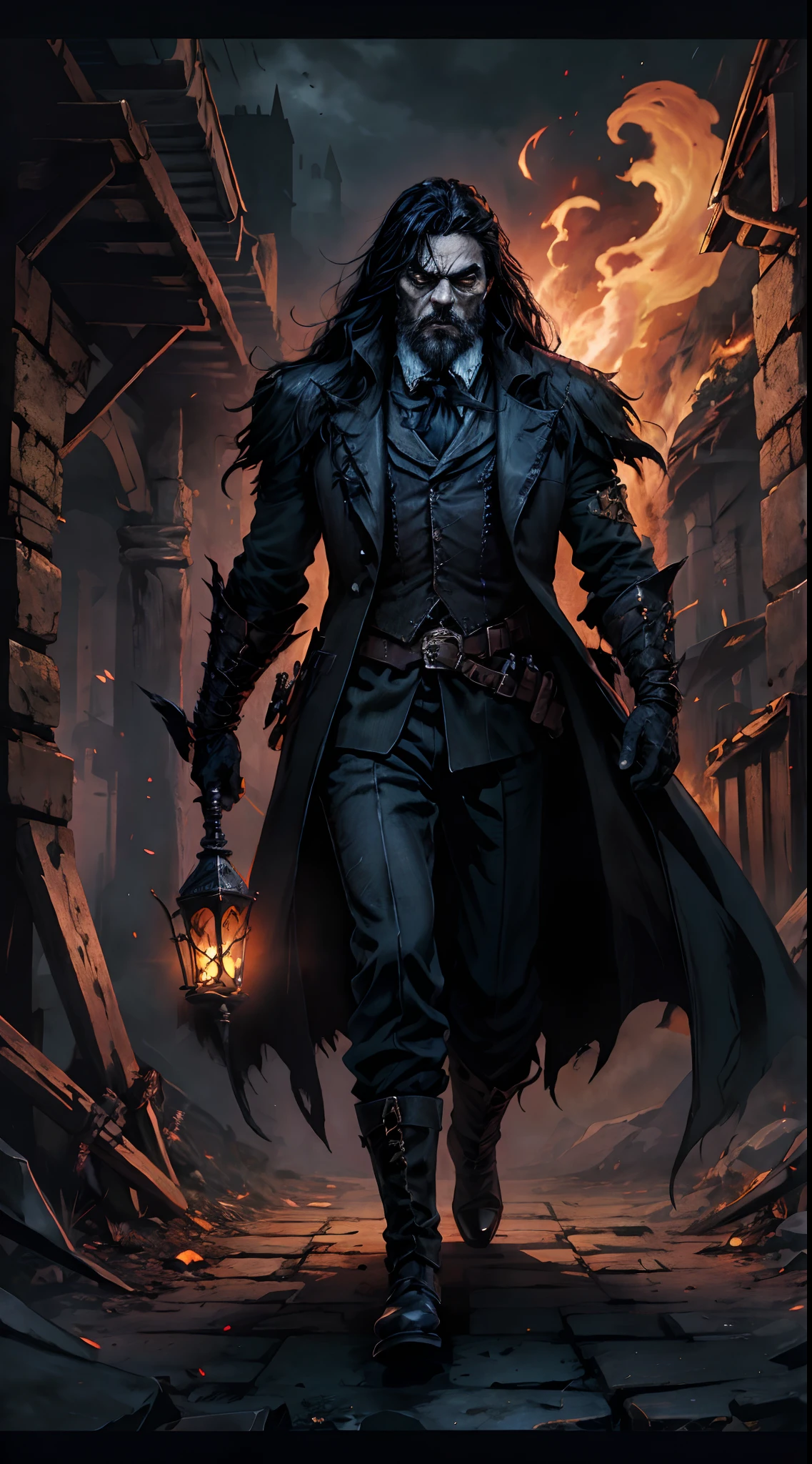 An old man with long black hair, black beard, a, deep and resolute eyes, glowing red eyes, well-defined features, stands on an endless dark castle, a dark fantasy-style outfit, black cloack, dark suit, combining elements of Central Asian ethnic clothing with, a thick and long vest-like coat, design in anime style, characterized by a sophisticated and mature manga illustration art style, full body character drawing, high definition, best quality, highres, ultra-detailed, ultra-fine painting, extremely delicate, professional, anatomically correct, symmetrical face, extremely detailed eyes and face, high quality eyes, creativity, RAW photo, UHD, 8k, Natural light, cinematic lighting, masterpiece:1.5, dark spooky field.