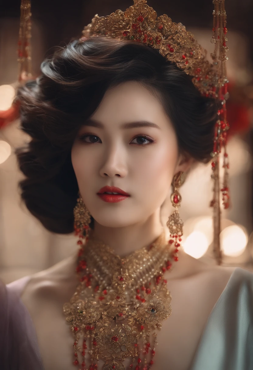 A photorealistic sexy and seductive Chinese woman,30 years old,large heavy breasts, (gloriously beautiful detailed face), Peach blossom eyes,Smoky makeup,Dark eyeshadow,Heavy makeup,white hair,Qi bangs long hair,(detailed face), jewelry,Bracelet,choker necklace,gyuru,(Luxurious gold-toned lace-trimmed high-forked sheer ((see-through almost transparent han dress)),Stiletto pointed toe heels,(Bare legs),Sexual temptation,Teasing expressions,Lift skirt,sitting on a (royal throne),sexual teasing,Sexual suggestiveness,((legs spread wide)), A seductive (smile), happy laugh, luxury,Chinese court,Chinese style,Oriental flair,lamp lights,hyper HD,masterpiece,8K,best quality,accurate,anatomically correct,highly detailed character,Stiletto heels,Bare legs, round and smooth bare legs,(8K,RAW photograph,best quality,masterpiece:1.2),(role)concept-art),full body concept,fine detail,center of screen, hair ornament, (((See-through dress))), trinkets, NSFW.