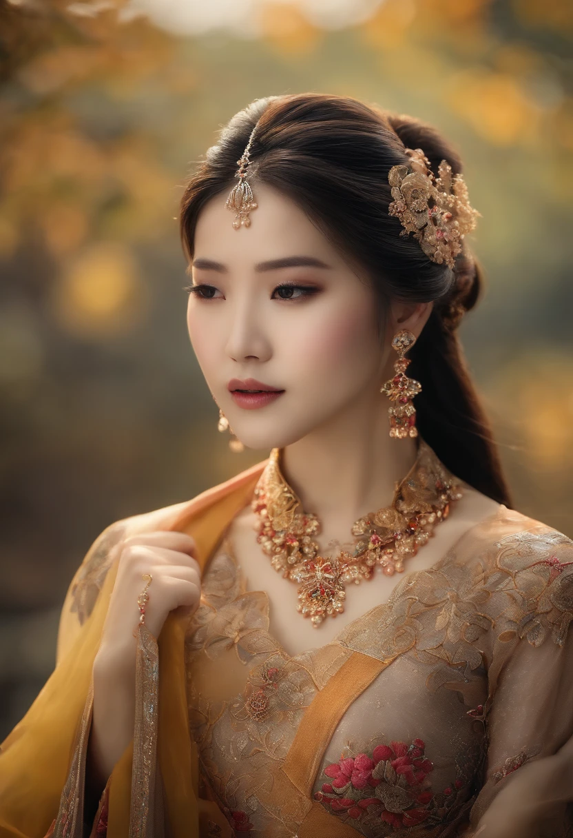 1girl, Longas_Hair, retrato, parte superior do corpo, China vestido de seda transparente, vestir, ornamento de cabelo, colar, jewelries, cabelos Longasos, Brincos, Roupas chinesas