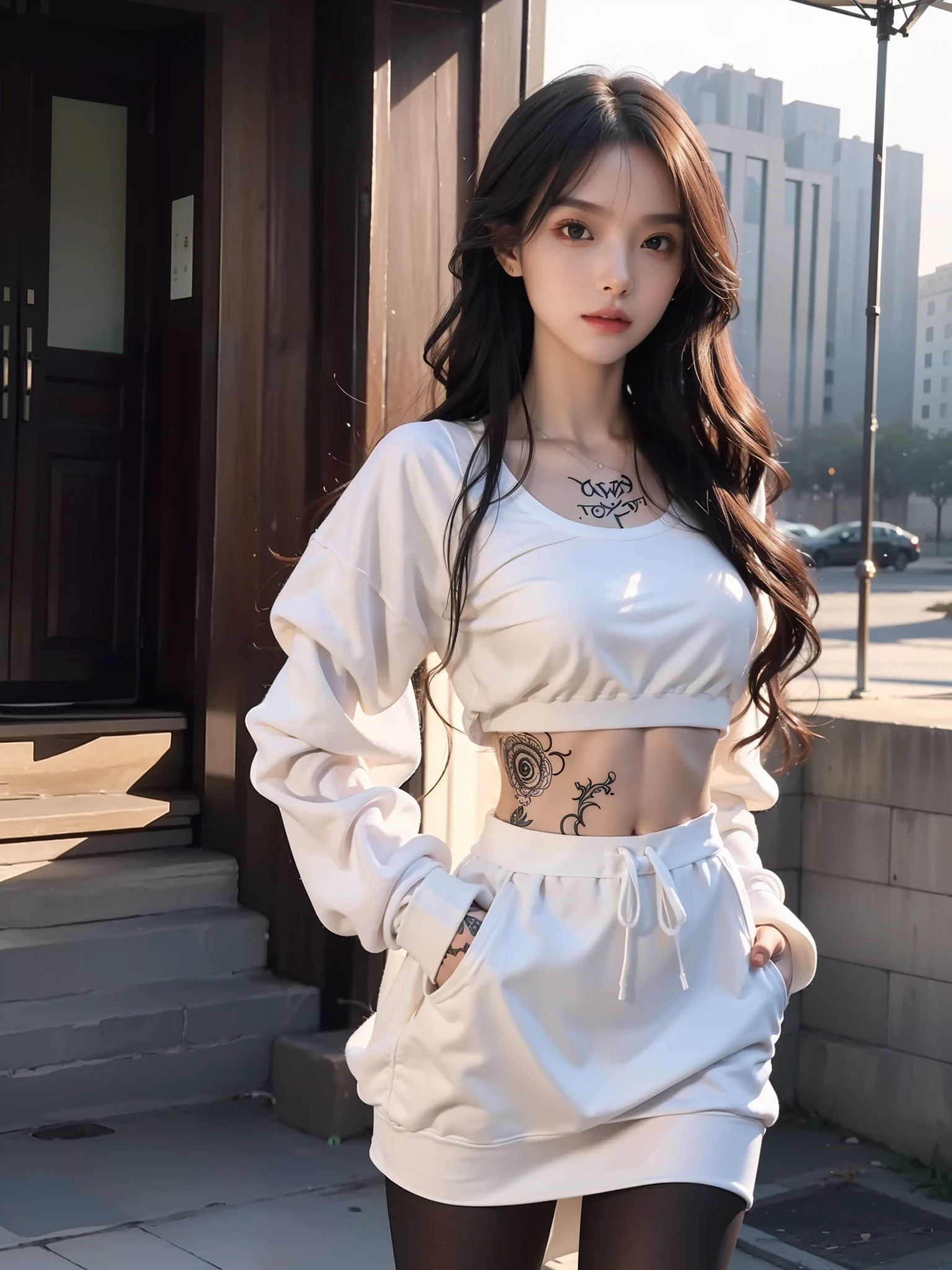 (standing on your feet:1.5),(1girll:1.3),(view the viewer:1.4),(anatomy correct:1.4),(Faraway view:1.3),(White sweatshirt:1.2),(Black translucent pantyhose:1.3),(with tattoos:1.2),(wavy and long hair,Accurate and perfect face:1.3),(Slender and slender figure,Skinny,Skinny:1.2),(Smaller bust:1.3),(athletic sneakers:1.1),hyper HD, Ray traching, reflective light,structurally correct, Award-Awarded, High detail, Fade-in and fade-out shadow contrast, Face lighting ,Cinematic lighting, Masterpiece, super detailing, High quality, High detail, Best quality, 16k,High contrast
