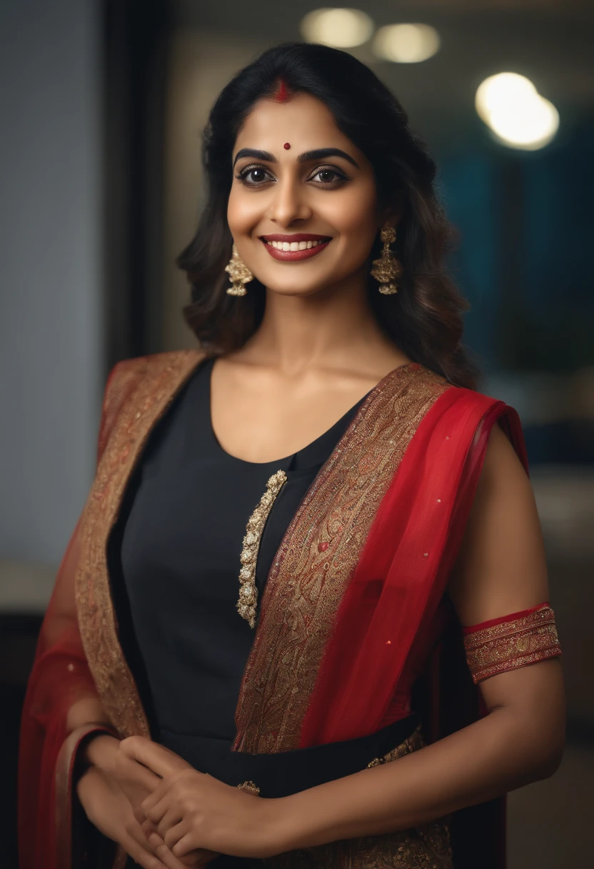 A portrait of a confident looking indian woman wearing a office suite, office background, smiling, hyperrealistic, super detailed, 8k, high quality