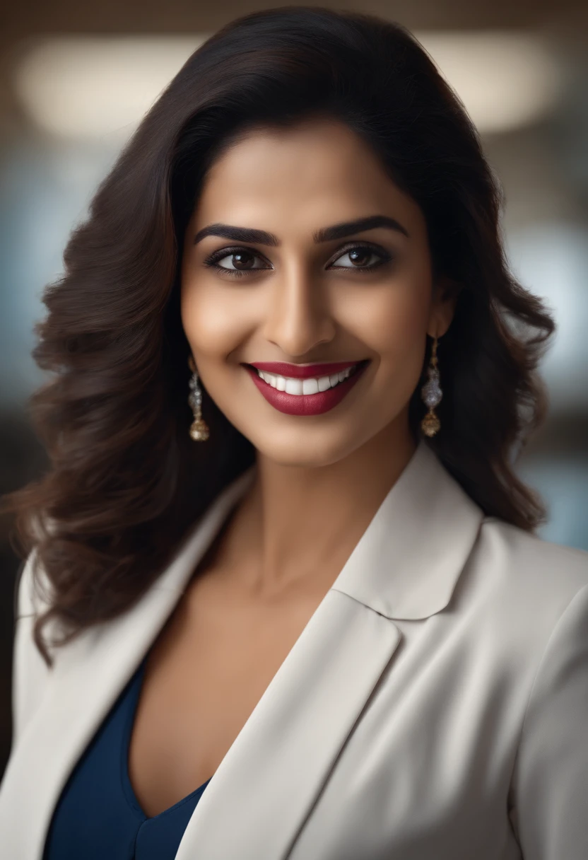 A portrait of a confident looking indian woman wearing a office suite, office background, smiling, hyperrealistic, super detailed, 8k, high quality