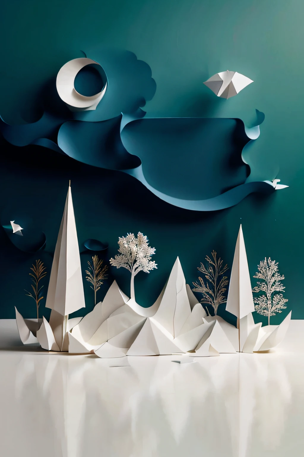 predominantly white paper craft nature landscape, no people, no buildings, not ocean, not abstract, more flat