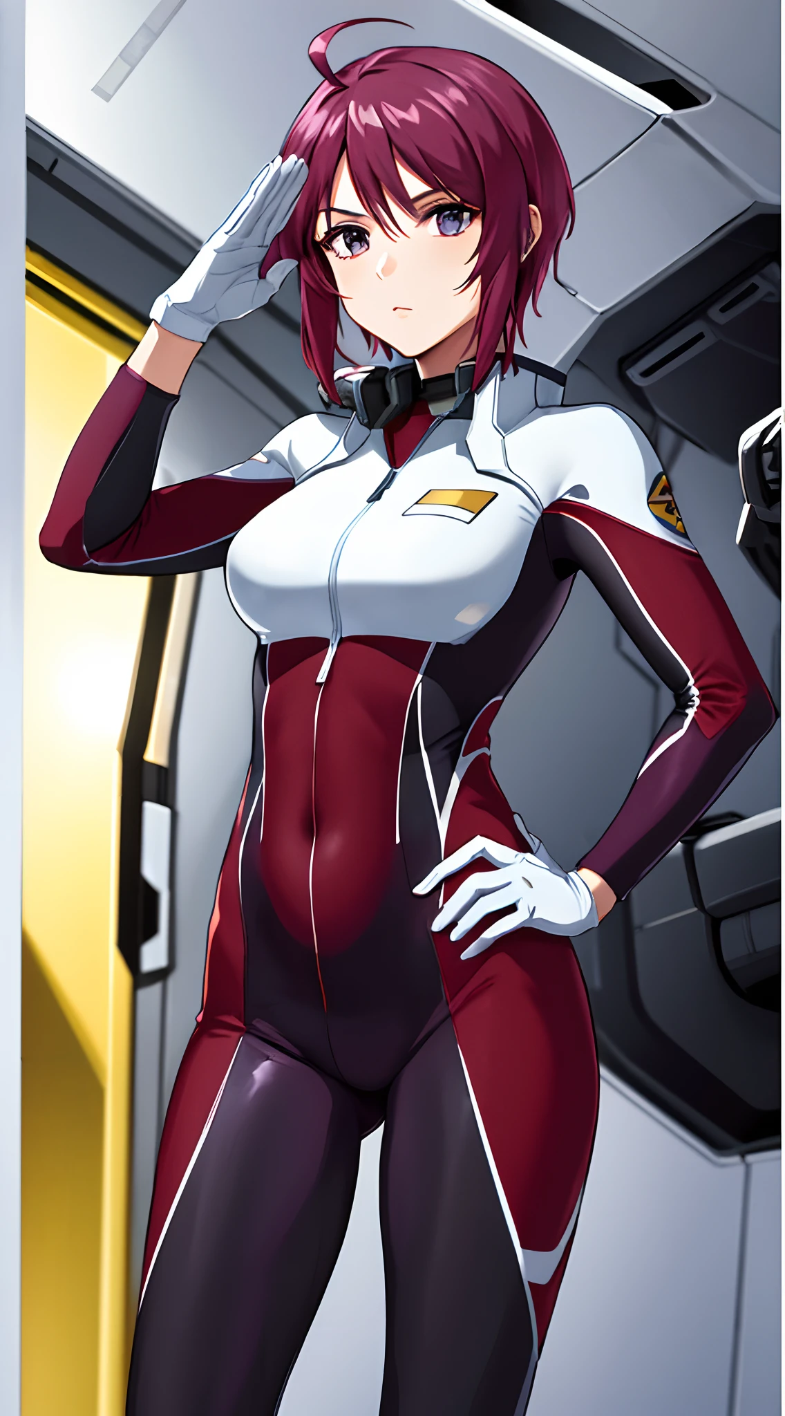 masterpiece, best quality, highres, 1girl, solo, short hair, ahoge, red hair, purple eyes, purple hair, pilot suit, gloves, cowboy shot, standing, spacecraft, indoors, salute, hand on hip,