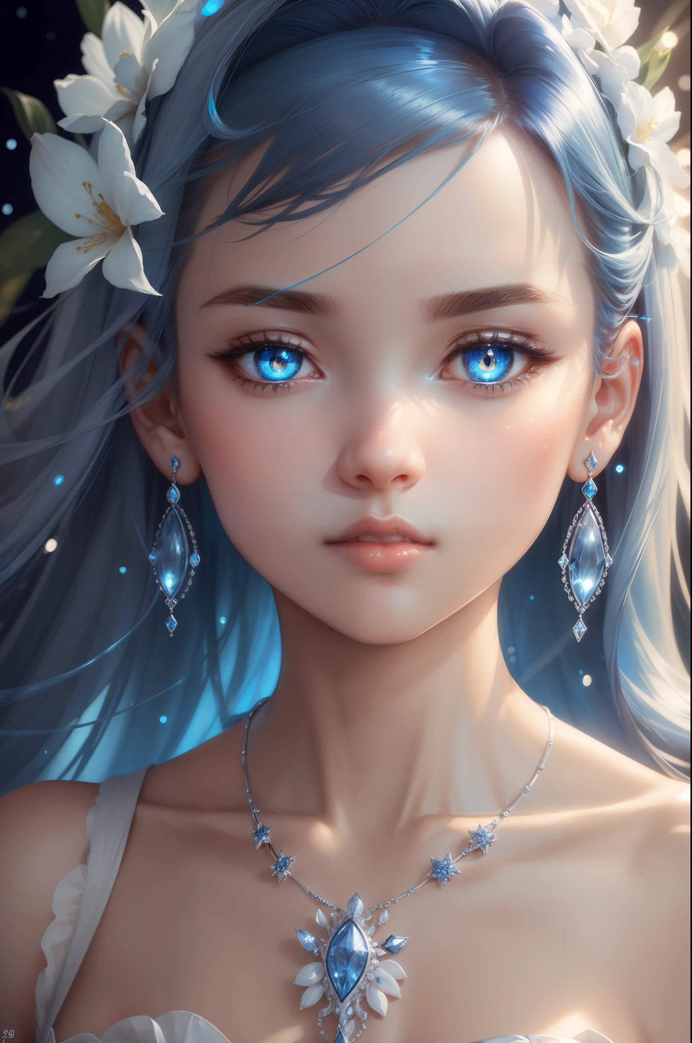 masterpiece, best quality, illustration, sax blue, platinum earrings, platinum necklace, white dress, 1girl, cute, (dynamic lighting:1.2), cinematic lighting, delicate facial features, detailed eyes, sharp pupils, realistic pupils, depth of field, bokeh, sharp focus, (hyper-detailed, bloom, glow:1.4)