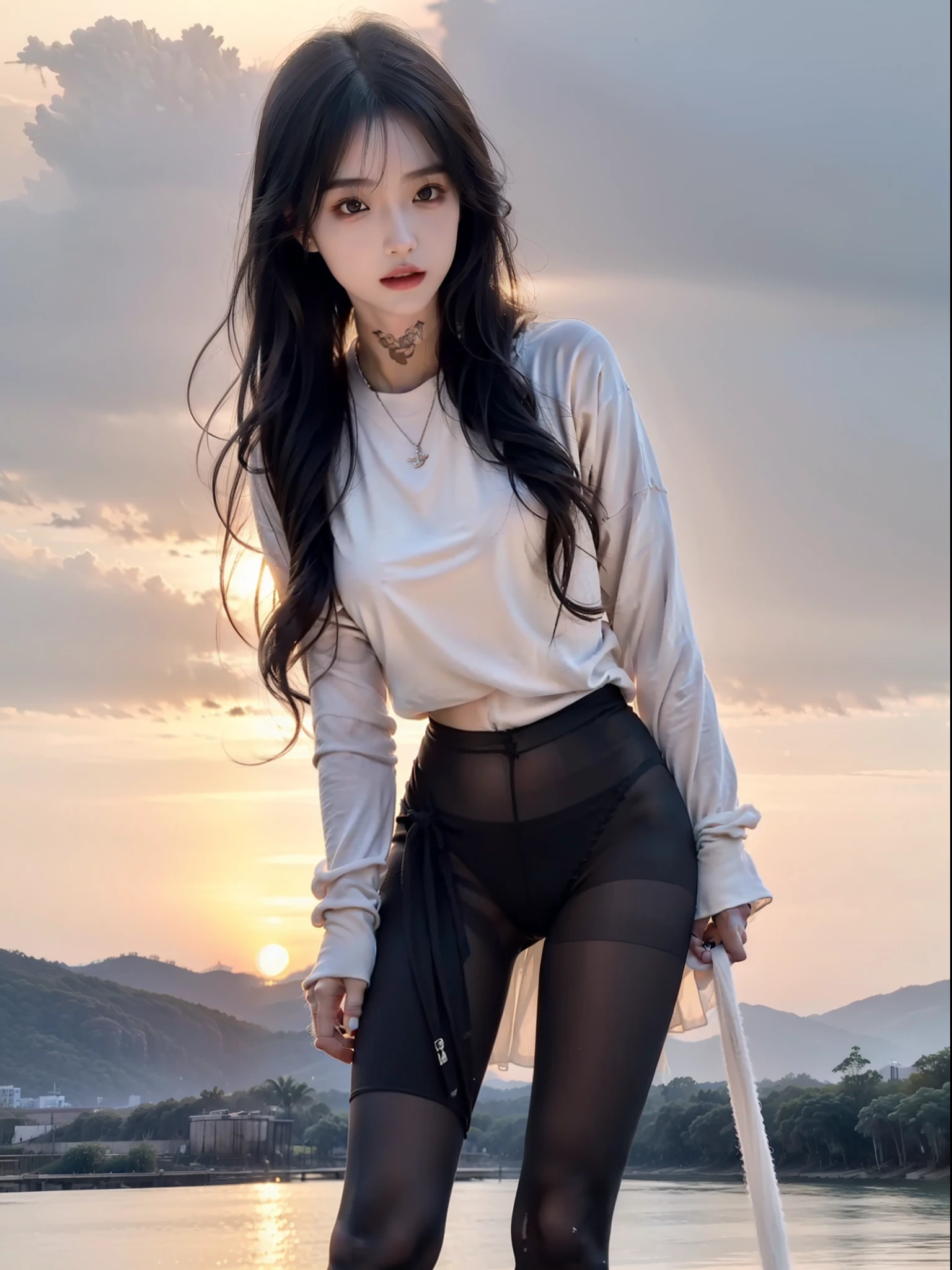 (full-body portraits:1.5),(1girll:1.3),(view the viewer:1.4),(anatomy correct:1.4),(White sweatshirt:1.2),(Black translucent pantyhose:1.3),(with tattoos:1.2),(wavy and long hair,Accurate and perfect face:1.3),(Slender and slender figure,Skinny,Skinny:1.2),(Smaller bust:1.3),(athletic sneakers:1.1),hyper HD, Ray traching, reflective light,structurally correct, Award-Awarded, High detail, Fade-in and fade-out shadow contrast, Face lighting ,Cinematic lighting, Masterpiece, super detailing, High quality, High detail, Best quality, 16k,High contrast