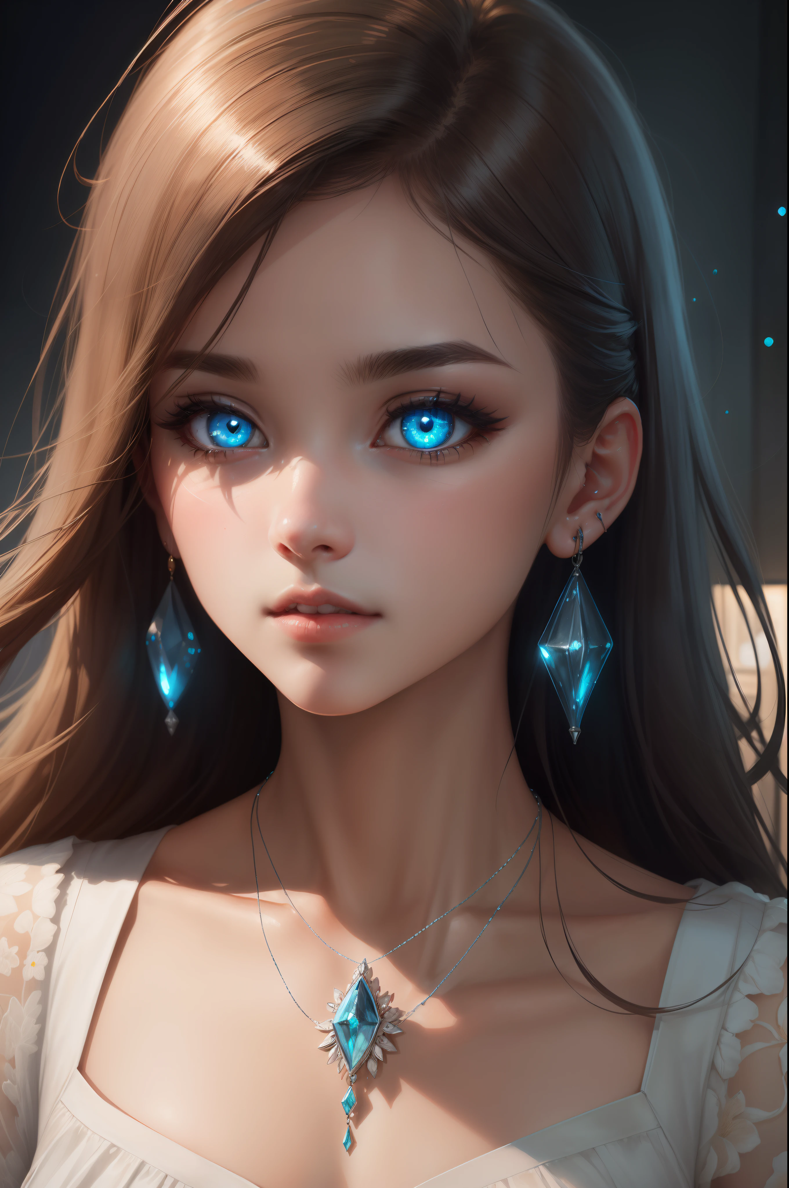 masterpiece, best quality, illustration, sax blue, platinum earrings, platinum necklace, white dress, 1girl, cute, (dynamic lighting:1.2), cinematic lighting, delicate facial features, detailed eyes, sharp pupils, realistic pupils, depth of field, bokeh, sharp focus, (hyper-detailed, bloom, glow:1.4)