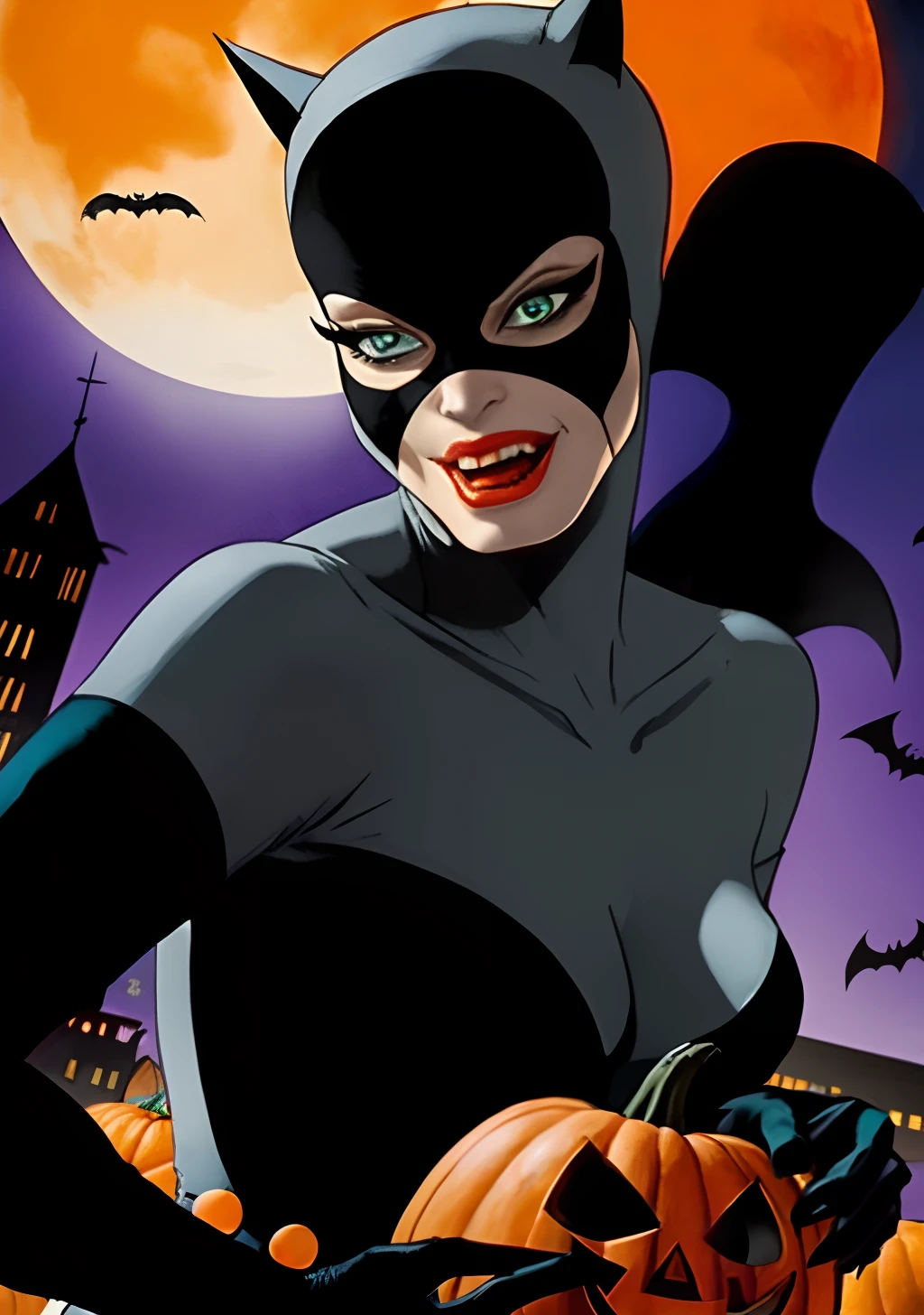 Halloween da Catwoman estilo DC Comics by Jim lee, Batman at Halloween party, With a Catwoman, witches and pumpkins