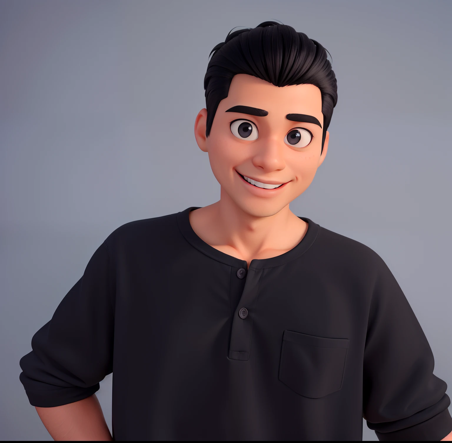Criar a foto acima ao estilo Disney Pixar, 3D, homem, 30 anos, cabelos pretos, olhos pretos, black eyes, black hair, shaved face, penteado para cima, sorrindo, pele branca, Preserving the characteristics of the characters in the photo, camisa gola Henley