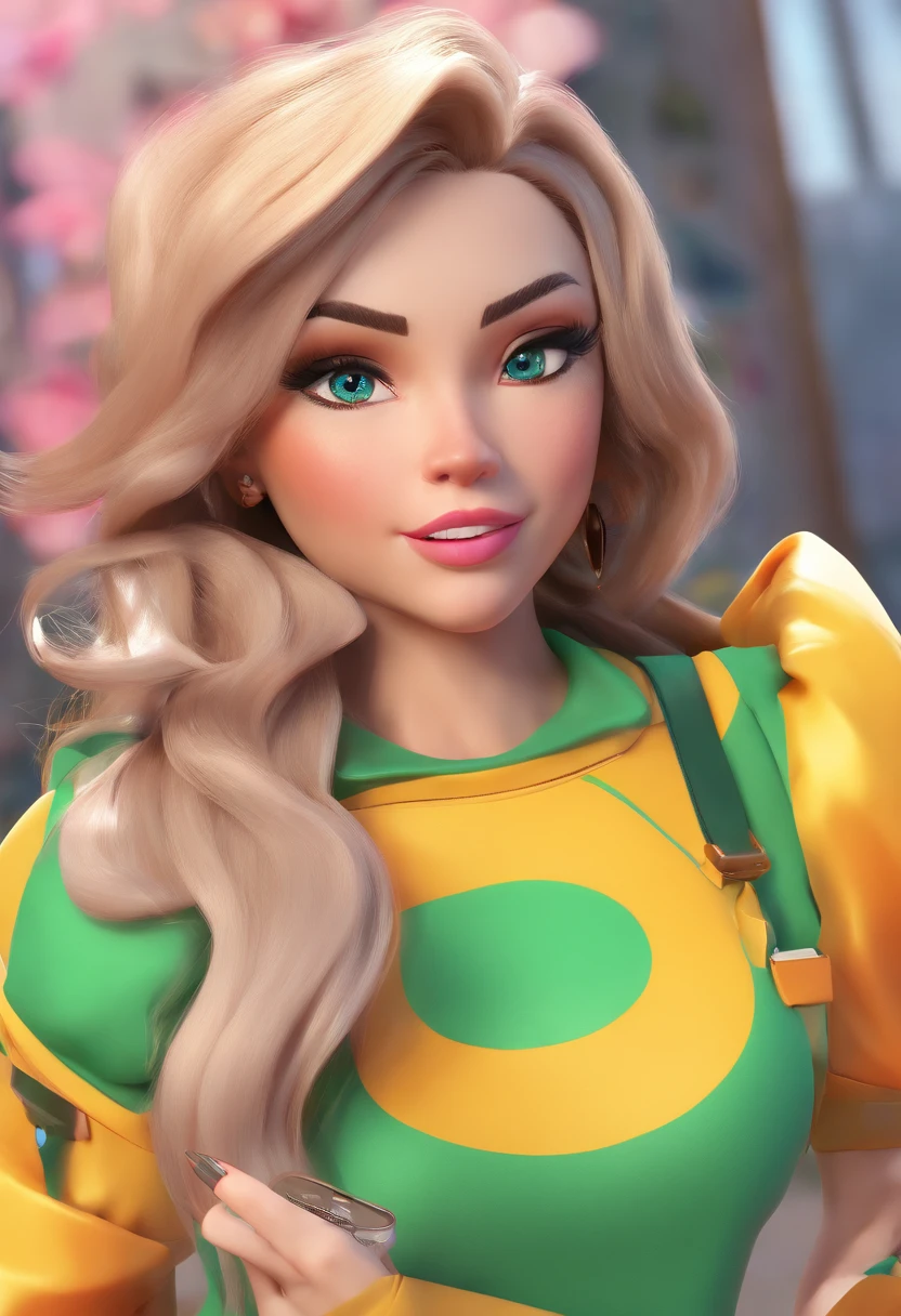 1girl,parte superior do corpo, 30 anos ,vestido de schort verde, blusa manga longa florida branca com rosa claro, cabelo solto, cabelocastanho escuro ,(master part:1.4),(best quality:1.4),(pele brilhante),red lips,Olhando para o Viewer,,separated-lips, segurando celular, graphic designer