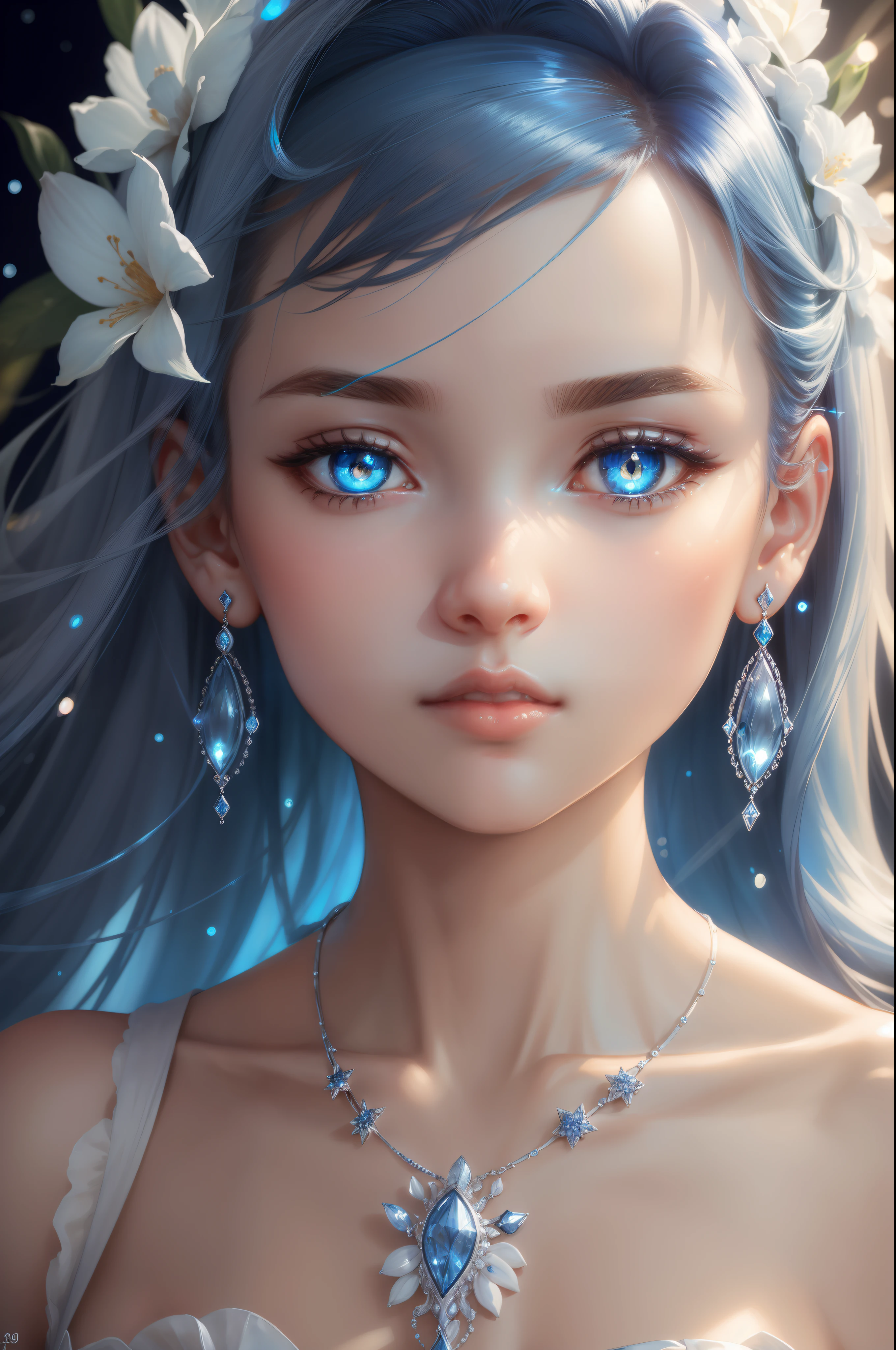 masterpiece, best quality, illustration, sax blue, platinum earrings, platinum necklace, white dress, 1girl, cute, (dynamic lighting:1.2), cinematic lighting, delicate facial features, detailed eyes, sharp pupils, realistic pupils, depth of field, bokeh, sharp focus, (hyper-detailed, bloom, glow:1.4)