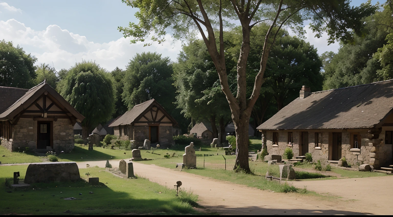A Celtic village in the 1st century BC, located in a forest in Europe. The village consists of about 50 houses, built of wood and clay, grouped around a central square, where is the house of the village leader. The village also has a temple, a cemetery and a community oven. The inhabitants of the village are Celtic, a farming people and shepherd, known for their art, music and poetry. The village is full of life, with people working, playing and gathering.