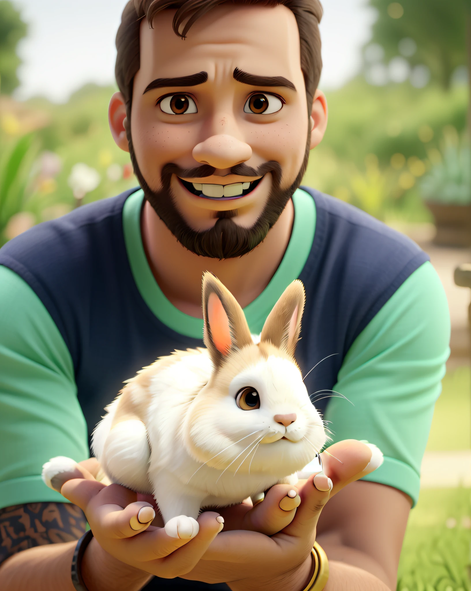 homem, cabelo curto crespo, Carrying a small rabbit in your hand ,illustartion,design detalhado de personagens,dinamismo,ambiente fazenda, Mixed Media Artworks,colorido,texturas granuladas,Antecedentes altamente detalhados,impressive lighting,estilo realista,frisky ,Rosto de expressivo, barba pequena,cores e tons impressionantes, The Emotional Bond Between Man and Rabbit,realism rendering,melhor qualidade,4k resolution,ultra-detalhado,arte profissional,vivid colors,foco nítido,Studio Lightning.