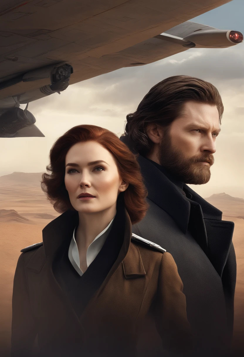 Armitage hux with beard accompanied by a brunette Asian pilot of the rebel resistance