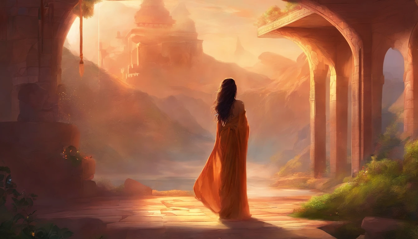 indian girl lonely in a bedroom and just coming out of the shower. she is hot senual and wearing a sexy bathrobe, the view is coming from as if she is showing the back to the camera. a guy accidentally stumbles upon her leaving the shower. the shirtless guy visible in background