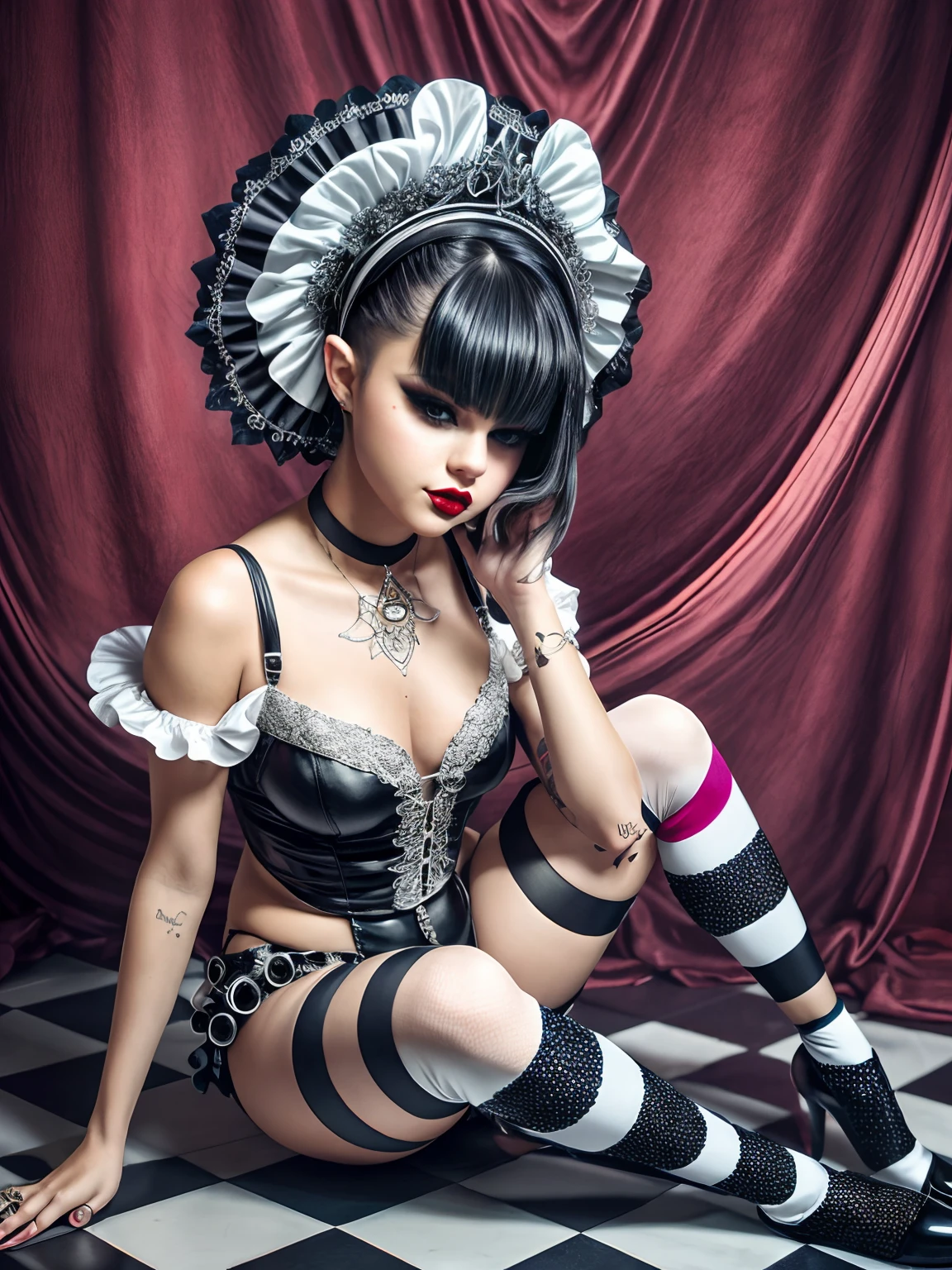 arafed woman ((Selena Gomez)) in a black and white outfit sitting on a floor, a portrait inspired by Ray Caesar, tumblr, pop surrealism, goth clown girl, intricate clown makeup, intricate clown costume, clown girl, creepy clown girl, natalie shau, jester themed, jester, adrian borda, cutecore clowncore, portrait of circus artist, avant garde fashion model