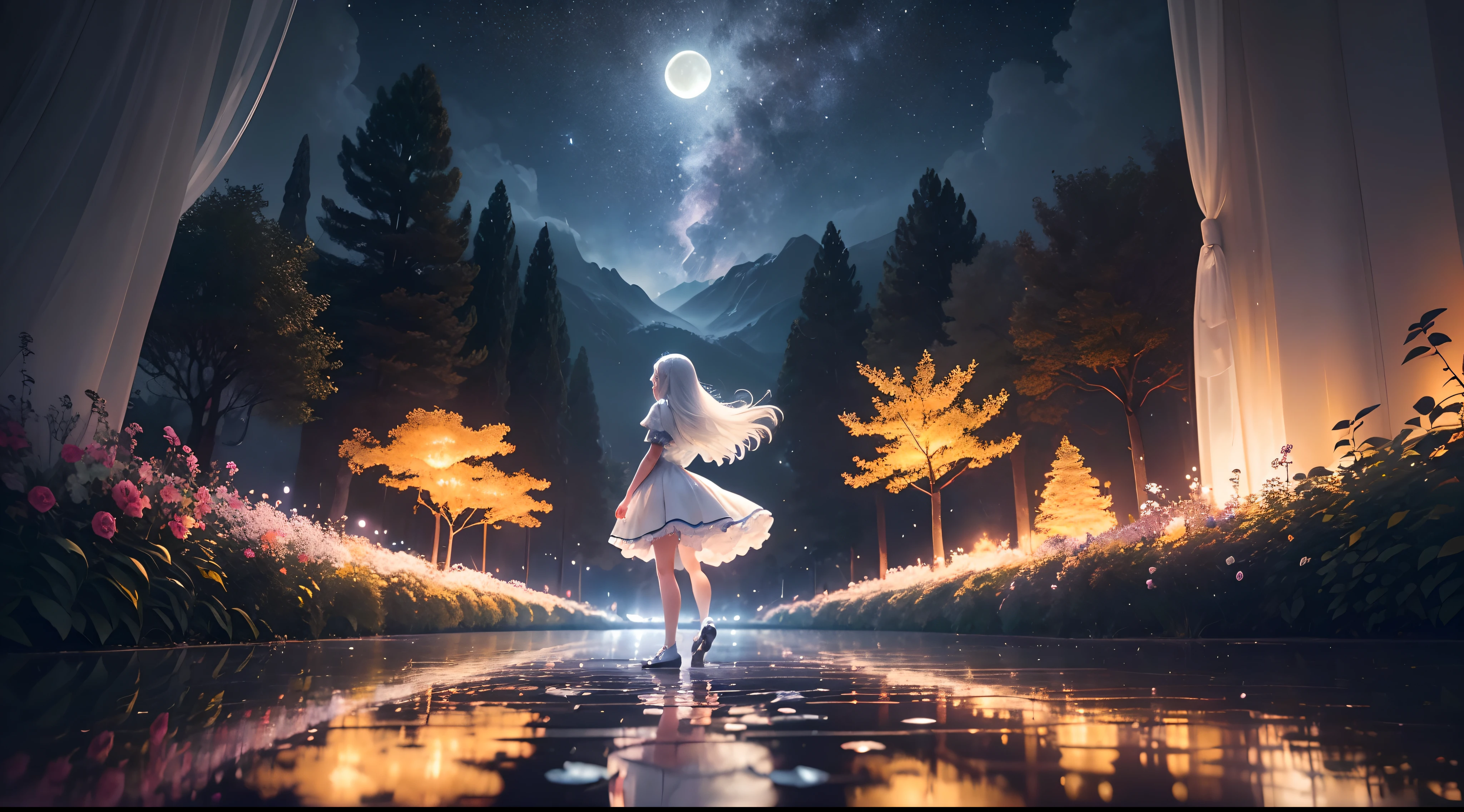 Petal Dance、Light dance、Rear view、spreading arms、white hair、beautiful hairl、length hair、Hair Dance、back viewing、puddles、the pose、frills skirt、Snow white dress、Lace Short Sleeve Dress、glass , Shoes Open Landscape , landscapes , panoramic shot , (Upp/Looking down) , Girl in the flower garden looking up , (fullmoon: 1. 2) , (shooting stars: 0. 9) , (nebulas: 1. 3) , starrysky , White flower garden , Glowing flower garden , Fantastic flower garden , The tree々 , (Warm light source: 1. 2), (fireflys: 1. 2), Lamp 3), starrysky, White flower garden, (Warm color light source: 1. 2), (fireflys: 1. 2), abajour, Orange and blue fine details, (masterpiece: 1. 2), (topquality), 4k, Ultrafine Detail, (Dynamic Composite: 1. 2), (topquality), abajour, Orange and blue volume lighting Main Fine Detail BREAK ((masuter piece: 1.2), (topquality), 4K, Ultrafine Detail, (Dynamic Composite: 1.4), Very fine detail, Colorful Detail, (Irridescent color: 1. 2), (Luminous lighting, ambient lighting)、dream-like(ambient lighting)、dream-like、magnifica、(独奏:1.2)、kirakira