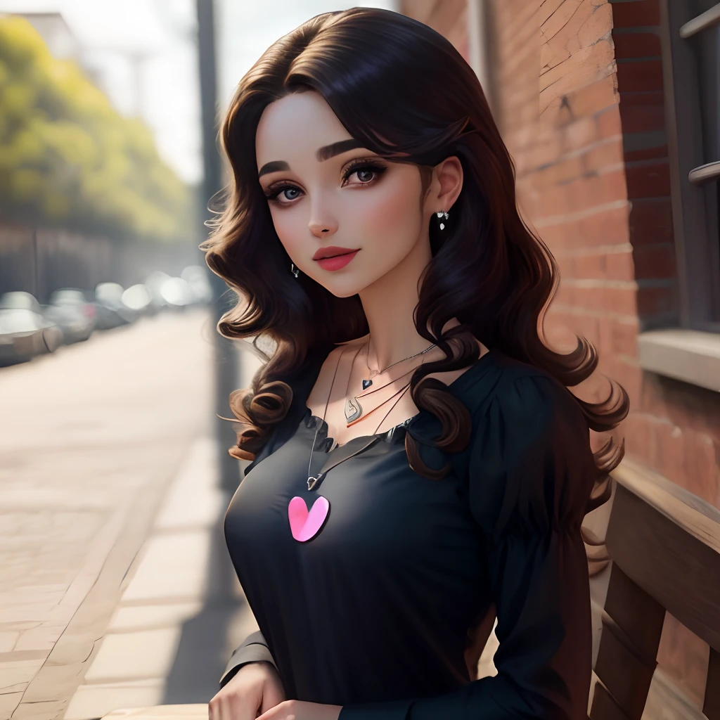 Garota de cabelo cacheado preto, blue blouse and a heart necklace, olhos castanhos.