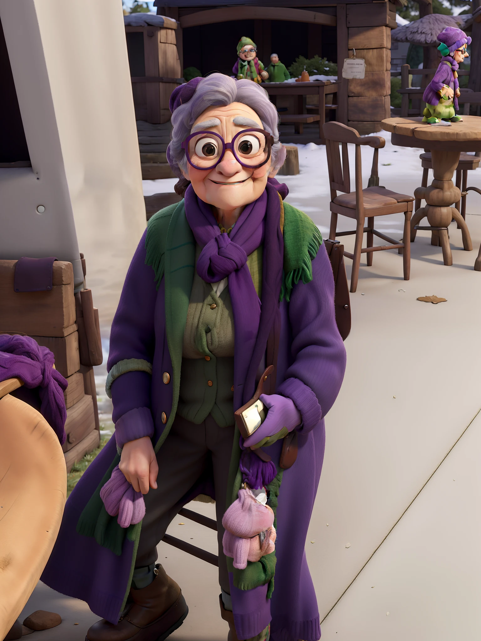 masterpiece, best quality, an old woman with glasses and a scarf on, wearing a purple coat and green scarf, standing at the park