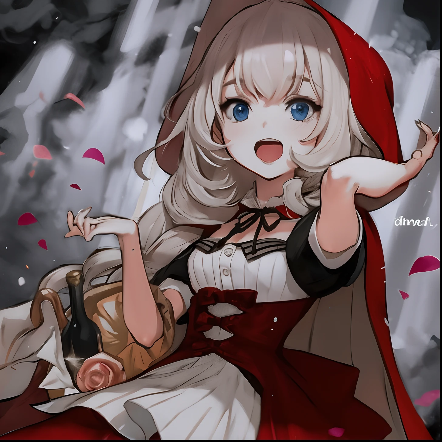 anime girl with a red cape and a black and white background, thief red riding hood, grayscale phtoto with red dress, red riding hood, high quality anime artstyle, anime asthetic, 8k)), beautiful anime art style, (anime girl), high quality fanart, clean detailed anime art, anime picture, anime visual of a cute girl, nightcore