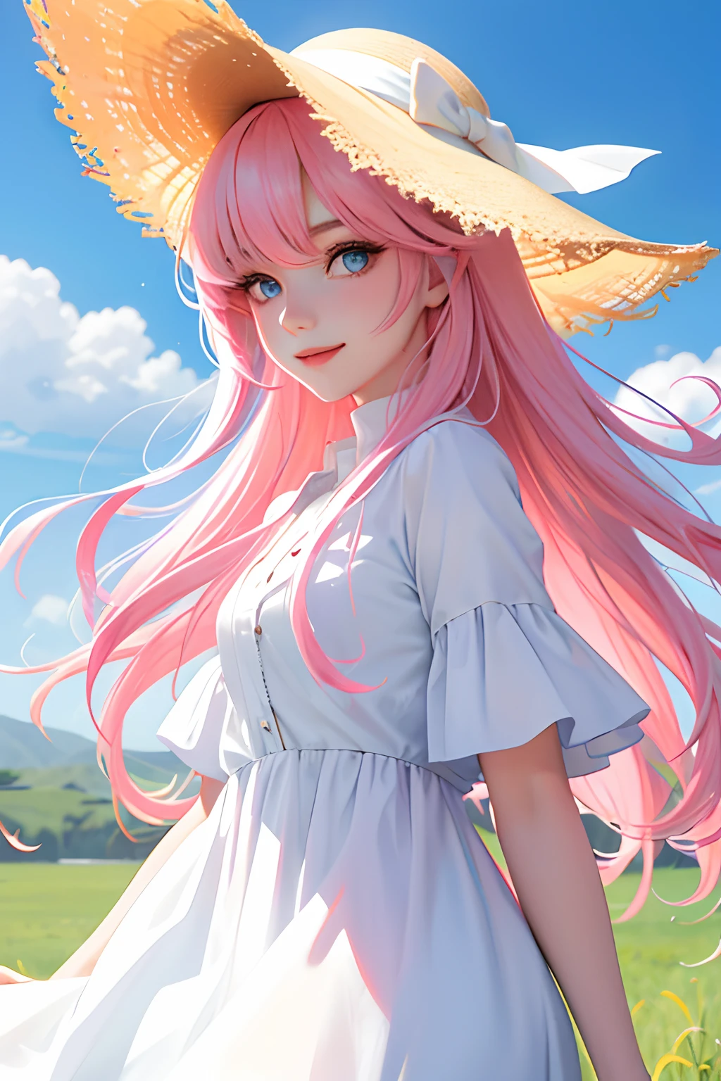 masterpiece, best quality, beautiful young woman with long pink hair and bangs,  blue eyes, colorful hair, long white dress, sun hat, outdoor, grassland background ,upper body, vibrant colors, happy, smiling