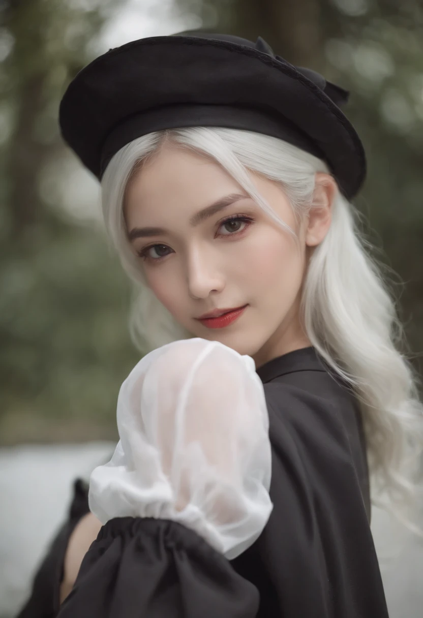 komori,idolcloth,masterpiece,best quality,white hair, red eyes,white shirt,(black formal hat),(hairclip:1.3),(small mouth mole:1.3),smile,highres,4k,black detached sleeves, upper body,