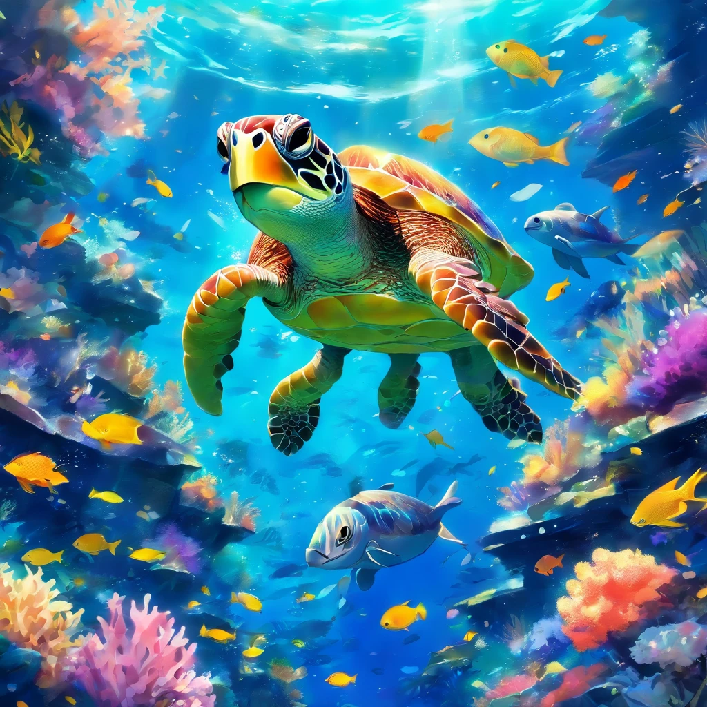 Deep in the ocean, there is a dark blue underwater world. Coral reefs are inhabited by colorful marine life. A group of swimming turtles and tropical fish show brilliant colors through the penetration of sunlight. Big Scene, Lots of detail. Lots of detail, Lots of detail,illustration, Watercolor on textured paper,