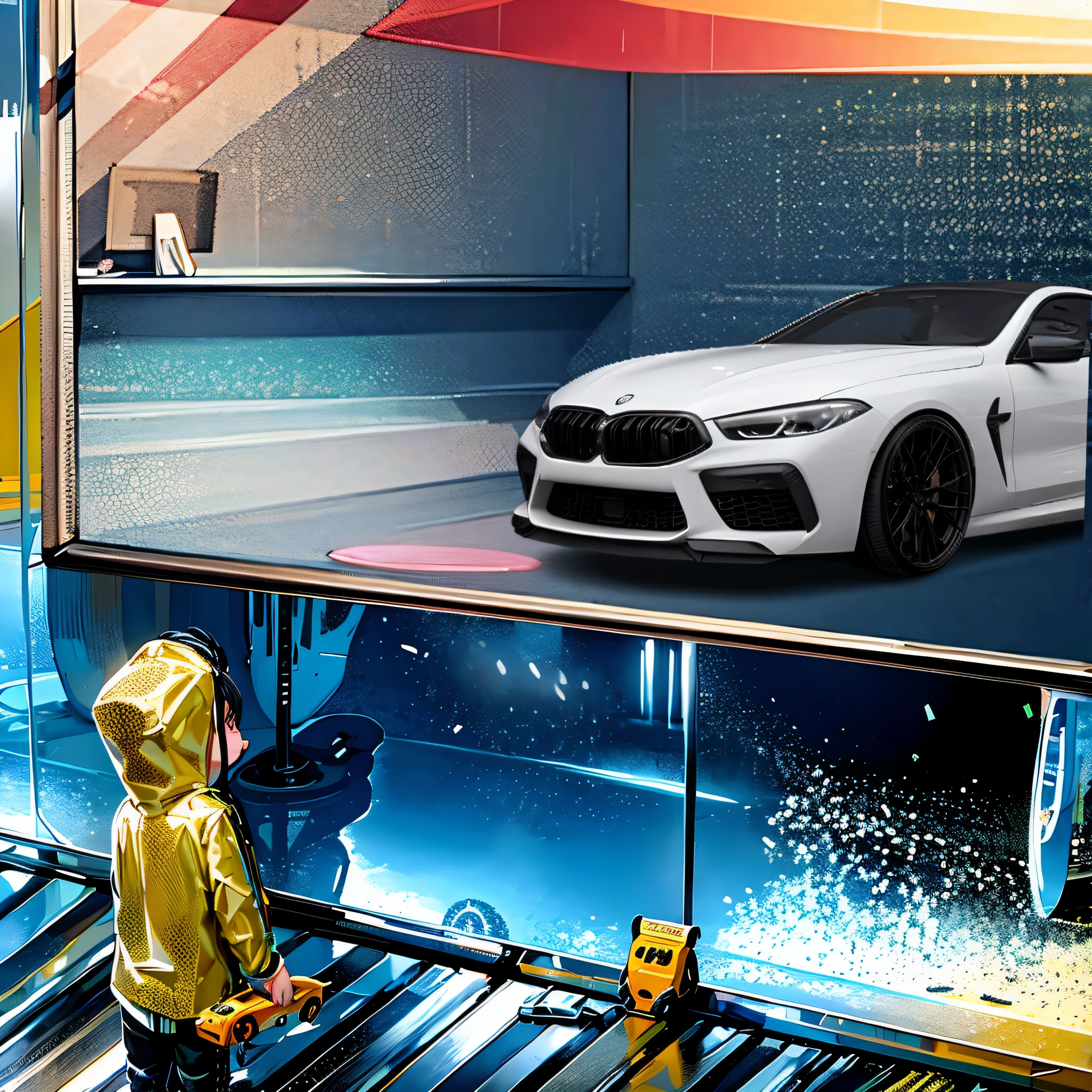 There is a man in a yellow raincoat standing in front of a large screen, 8k mate painting, ultra-realistic 8k, Ultra-realistic 8 K, Ultra-realistic 8K UHD, high contrast hyperrealism 8k, hyperreal highly detailed 8 k, Commercial illustration, ultra-realistic 8k, Reflections 8 K Ultra HD, 8k ultra-realistic