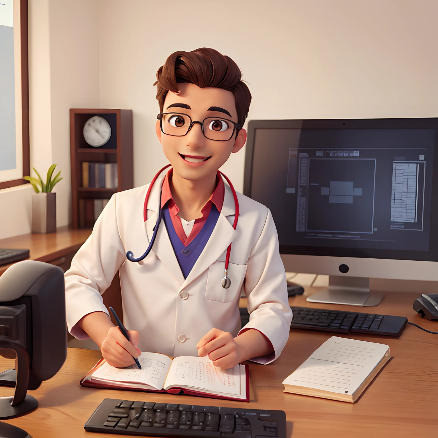 man doctor in computer, brown eyes, glasses, happy, telemedicina