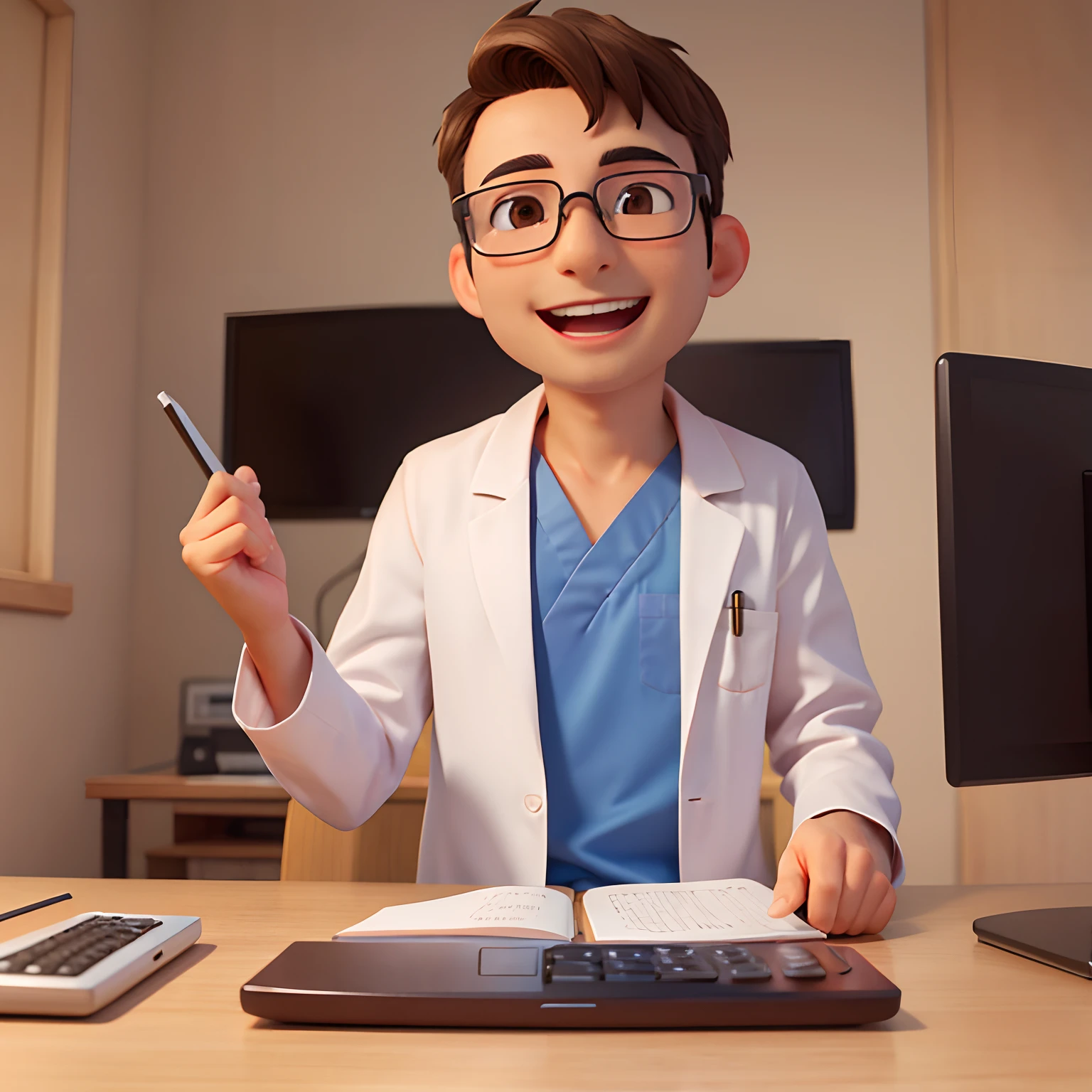 man doctor in computer, brown eyes, glasses, happy, telemedicina