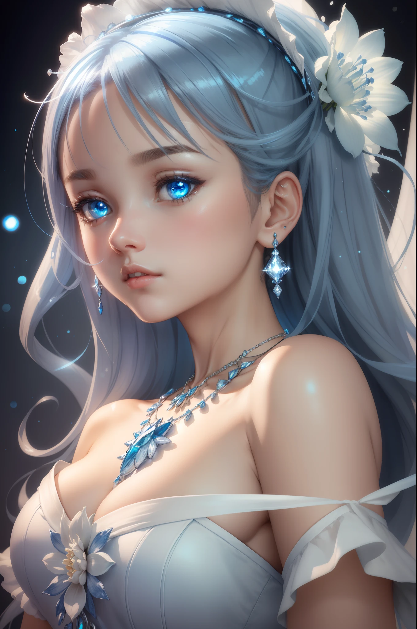 masterpiece, best quality, illustration, sax blue, platinum earrings, platinum necklace, white dress, 1girl, cute, (dynamic lighting:1.2), cinematic lighting, delicate facial features, detailed eyes, sharp pupils, realistic pupils, depth of field, bokeh, sharp focus, (hyper-detailed, bloom, glow:1.4)