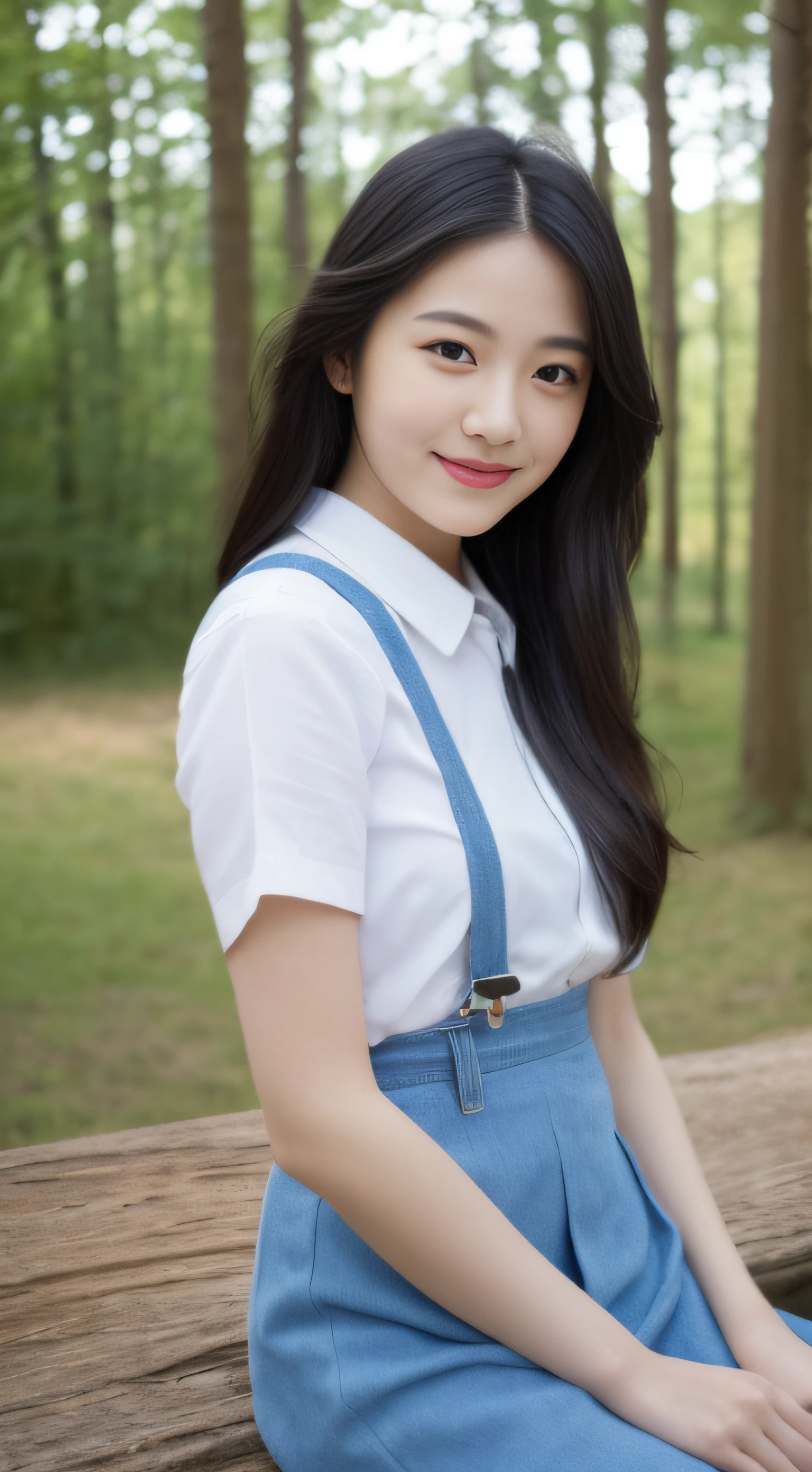 A beautiful and cute girl, full body photograph, extremely beautiful and delicate, Black hair, sweet smile, delicate beautiful fair skin, realistic and realistic, Exquisite and perfect facial features, detailed facial portrayal, high nose bridge, flowing silky hair, extremely delicate hair, Soft temperament, face light, Tall, thin, Real, Hyper Real, full-body lens, Front tilt angle, ultimate picture quality, highest precision, accurate and perfect human body structure. The blue sky and white clouds, Sitting in the woods, The blue sky and white clouds, sunlights, (suspenders, mini-skirt) The panties are clearly visible.