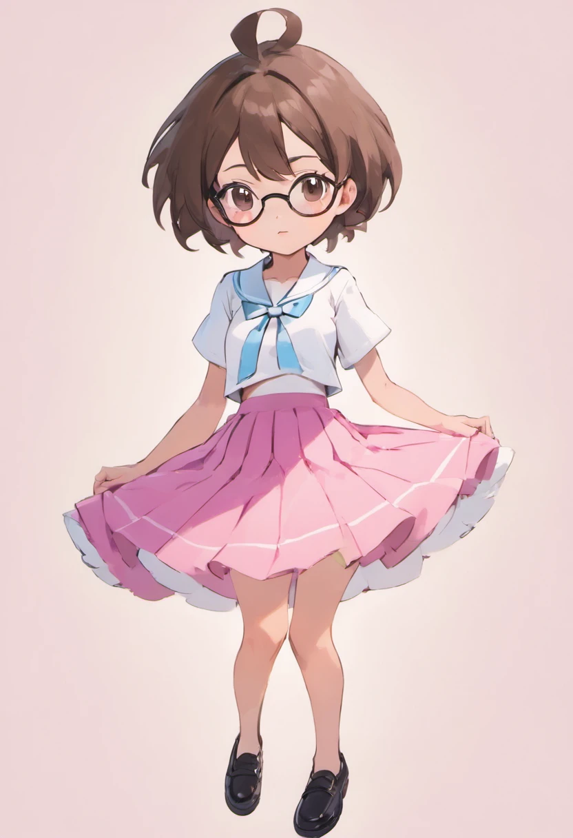 one beautiful fancy gorgeous teenage girl with short brown hair and brown eyes, wears a white shirt, wears a pink skirt, wears black shoes, wears white glasses, highly detailed