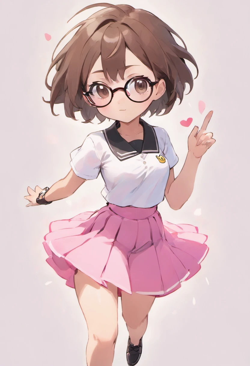 one beautiful fancy gorgeous age girl with short brown hair and brown eyes, wears a white shirt, wears a pink skirt, wears black shoes, wears white glasses, highly detailed