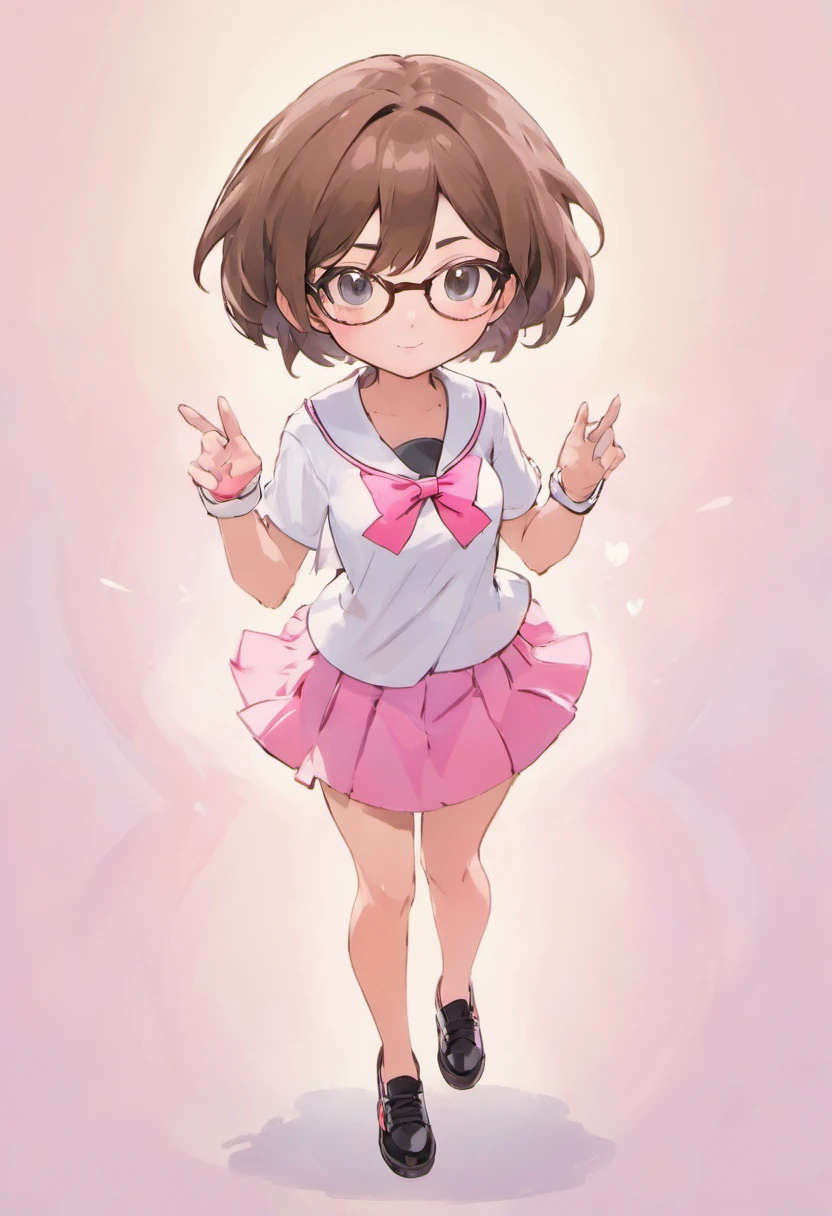 one beautiful fancy gorgeous teenage girl with short brown hair and brown eyes, wears a white shirt, wears a pink skirt, wears black shoes, wears white glasses, highly detailed