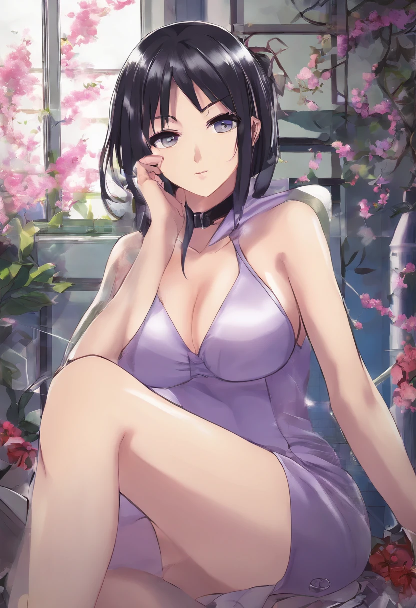 Uma mulher em um vestido roxo e meias pretas posando, Nico Robin, menina anime sedutora, Iouri Misaki, Oppai, Maya Fey de Ace Advogada, oppai cyberpunk, anya of the Spy X family, Retrato de Tifa Lockhart, Succubus em um vestido bodycon curto, Misato Katsuragi, Retrato sedutor de Tifa Lockhart, mulher bonita sedutora do anime ,em um banheiro, visible breasts, mama grande, Pose sedutora