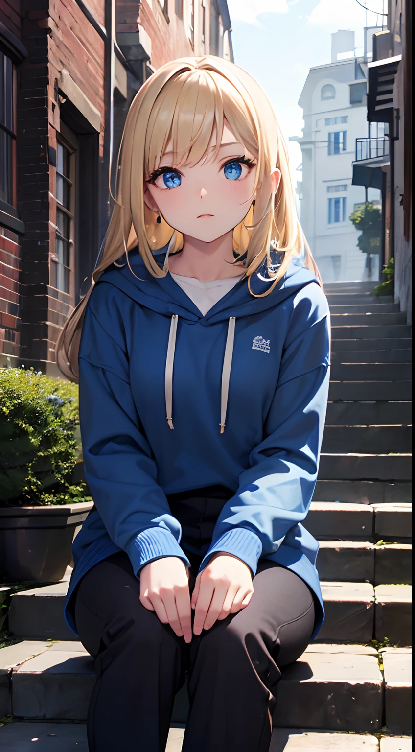 (masterpiece:1.2, best quality), (finely detailed beautiful eyes: 1.2), (detailed background, city alleyway, stone stairs, blue sky), (beautiful detailed face), high contrast, ((cinematic light)), colorful, hyper detail, intricate details, (1 girl, solo, blonde hair, medium length hair, sharp face, age 20), (beautiful glowing blue eyes) eye depth, blue and white hoodie, black pants, sitting down, centered.