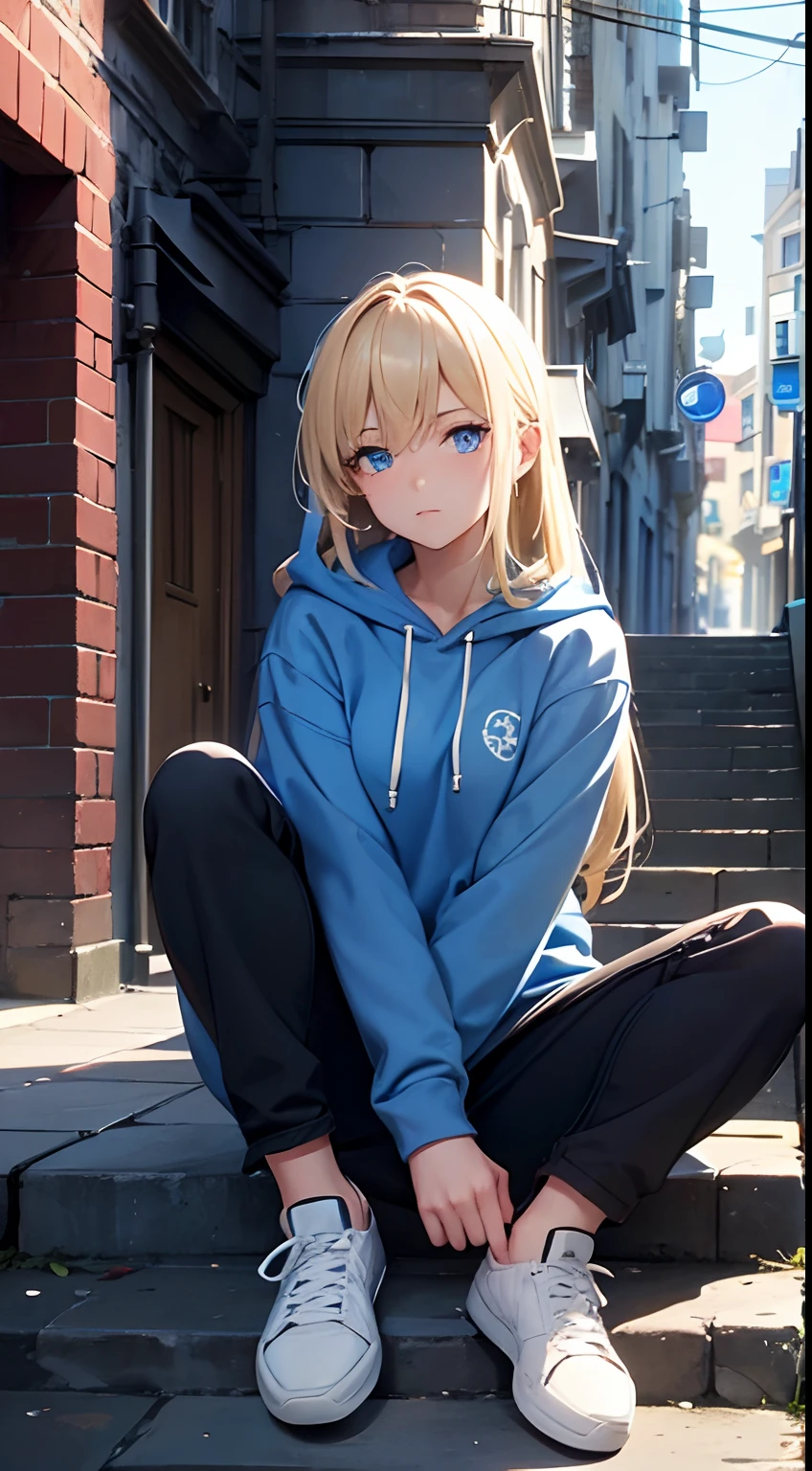 (masterpiece:1.2, best quality), (finely detailed beautiful eyes: 1.2), (detailed background, city alleyway, stone stairs, blue sky), (beautiful detailed face), high contrast, ((cinematic light)), colorful, hyper detail, intricate details, (1 girl, solo, blonde hair, medium length hair, sharp face, age 20), (beautiful glowing blue eyes) eye depth, blue and white hoodie, black pants, sneakers, sitting down, relaxed.