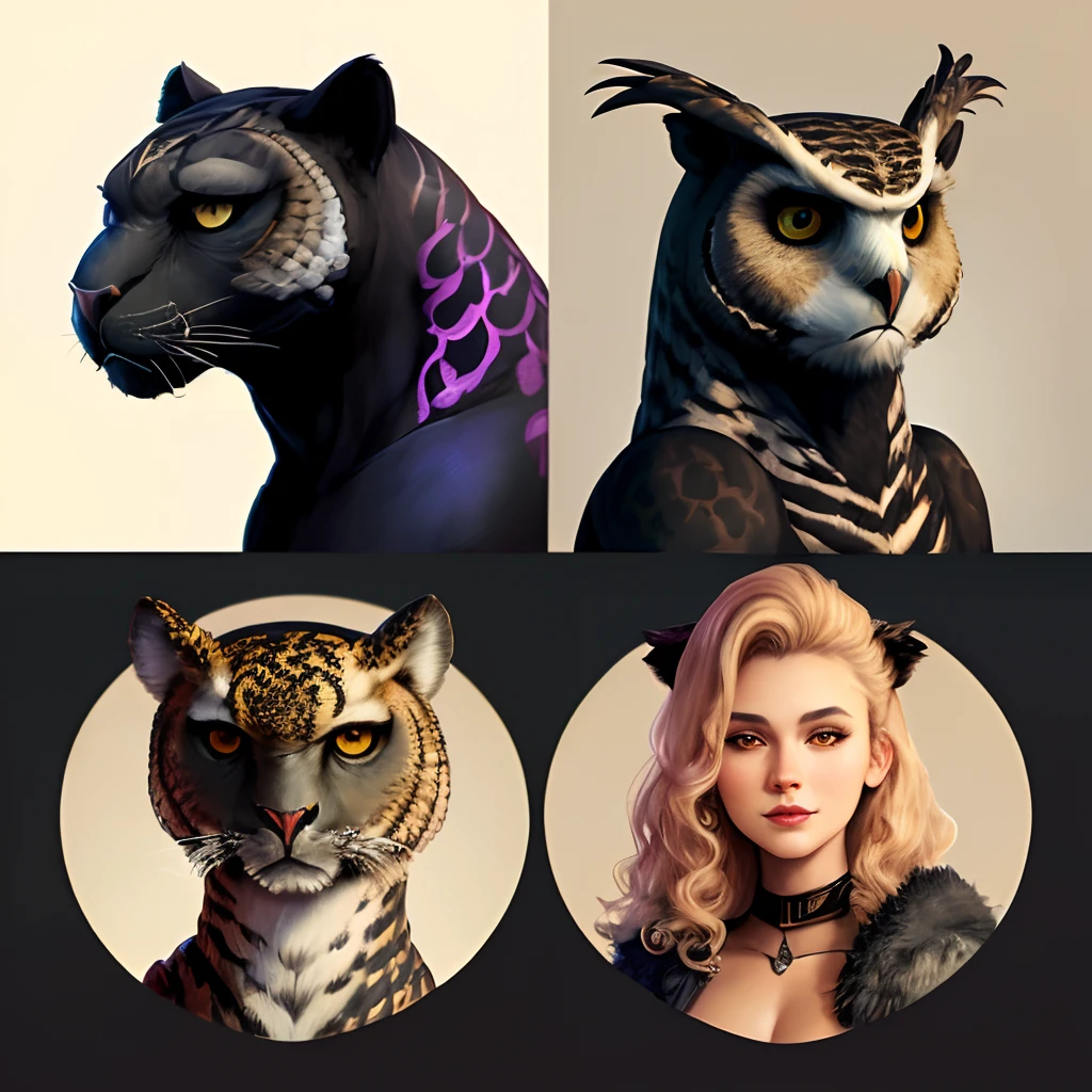 draw a chimera with the head of an owl, body of a panther, wings of a falcon, and tail of a cobra