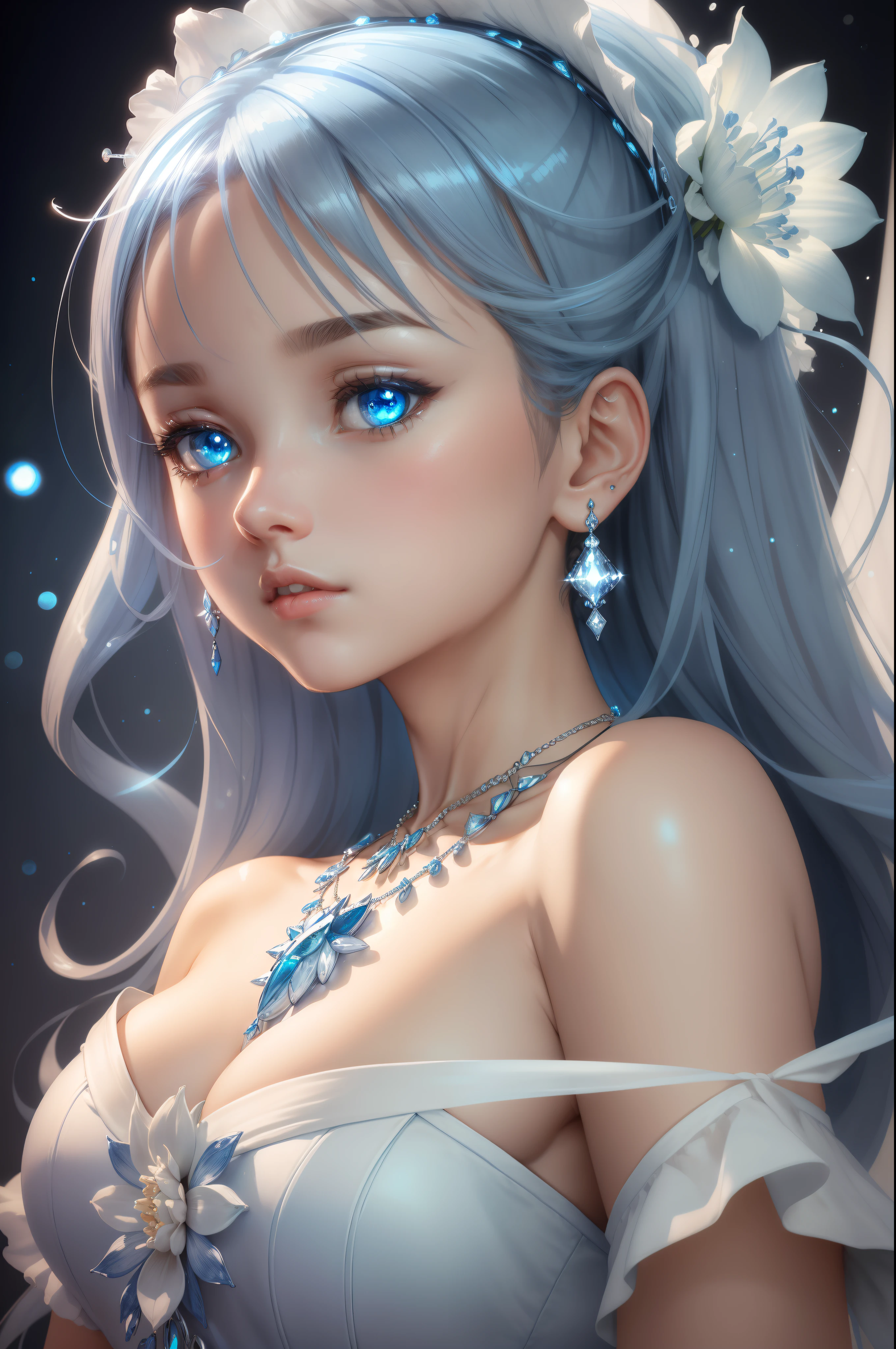 masterpiece, best quality, illustration, sax blue, platinum earrings, platinum necklace, white dress, 1girl, cute, (dynamic lighting:1.2), cinematic lighting, delicate facial features, detailed eyes, sharp pupils, realistic pupils, depth of field, bokeh, sharp focus, (hyper-detailed, bloom, glow:1.4)