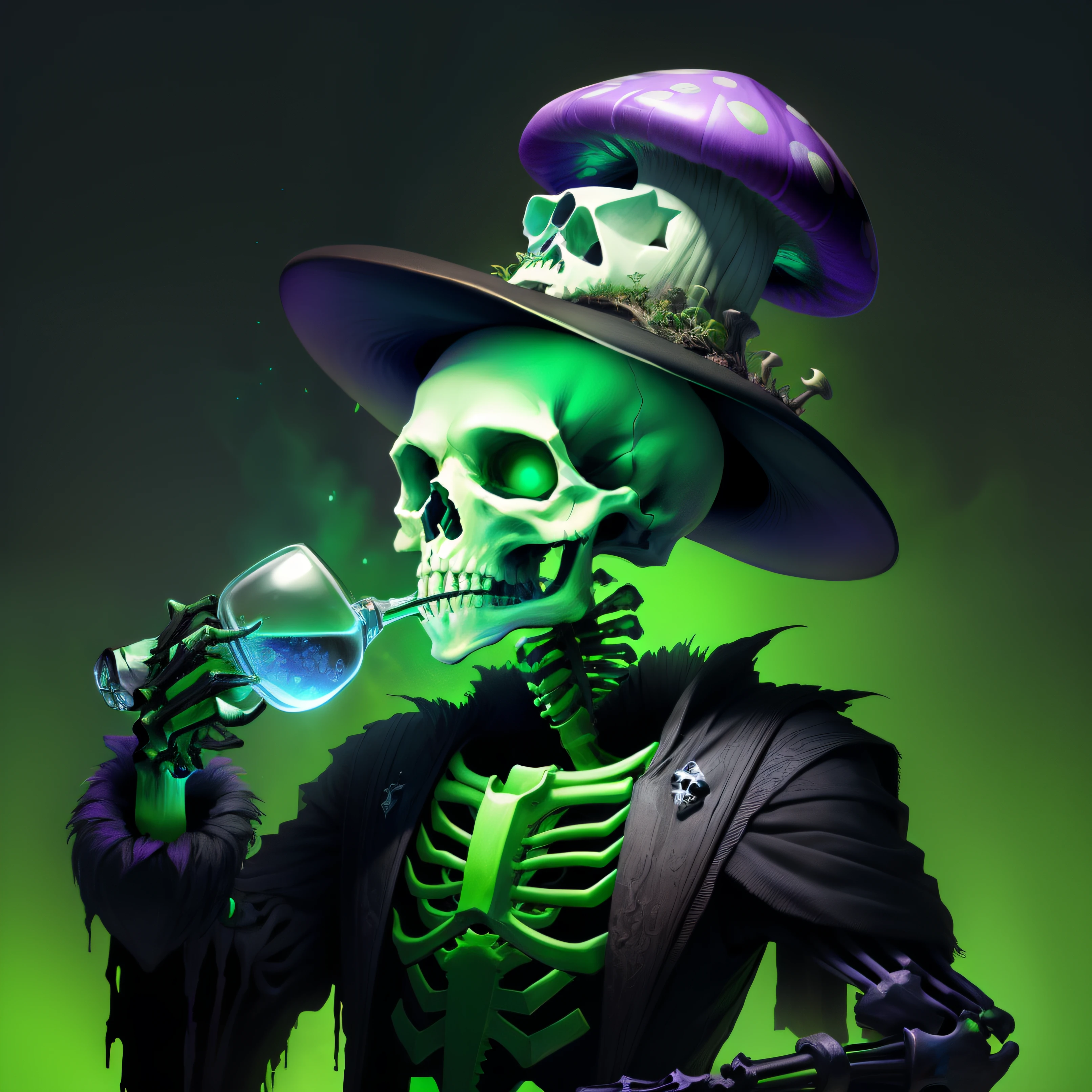 A skeleton drinking a green potion. With his pinky up. And mushrooms growing off his head. In a psychedelic style